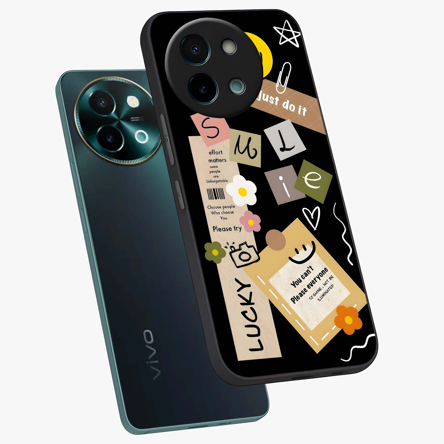 Lucky Aesthetic Collage Glass Case displayed in angled mockup highlighting stylish collage pattern with modern aesthetic vibe.