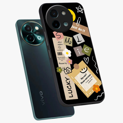Lucky Aesthetic Collage Glass Case displayed in angled mockup highlighting stylish collage pattern with modern aesthetic vibe.