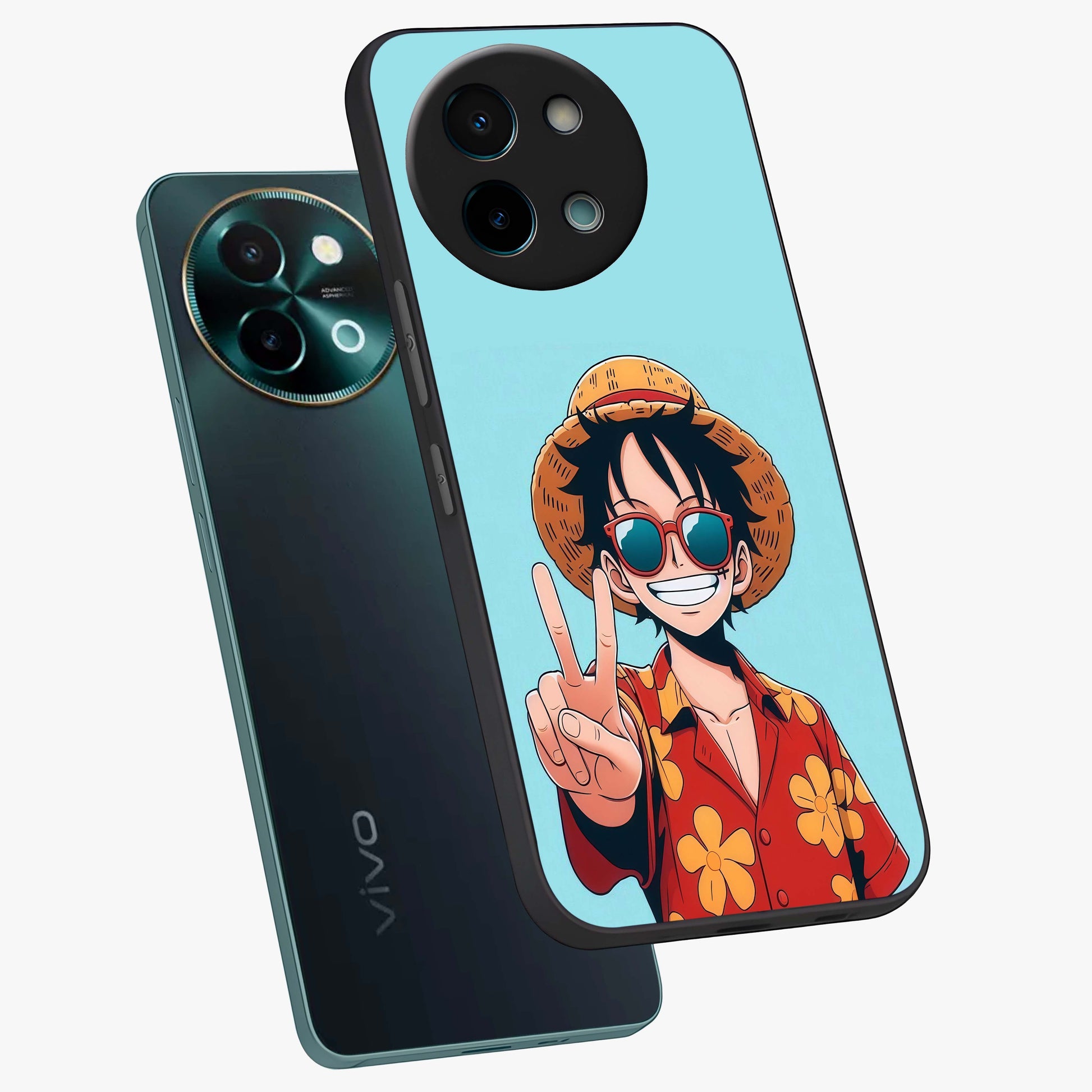 Luffy Summer Anime Vibe Glass Case displayed in angled mockup highlighting energetic anime illustration with summer vibe aesthetic.