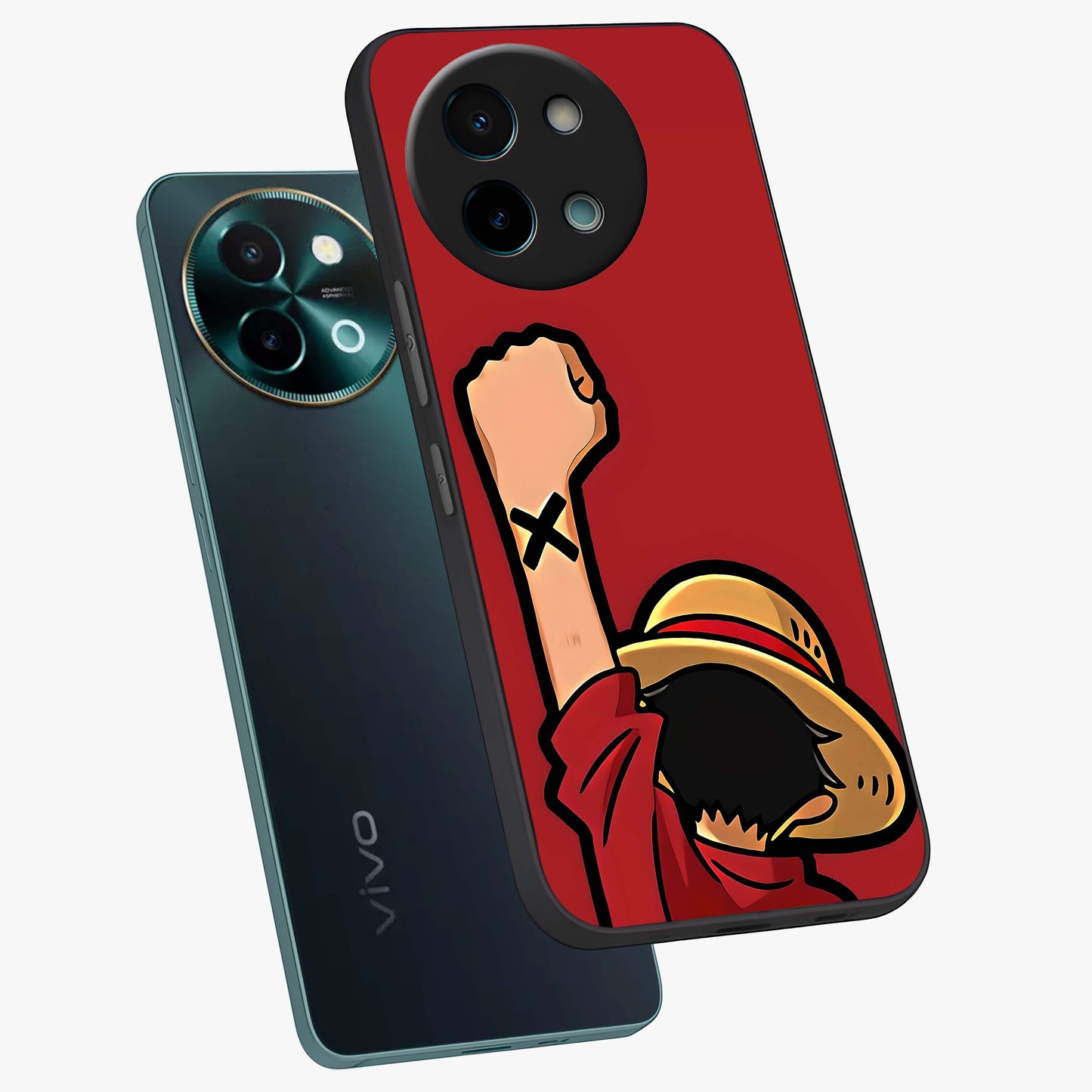 Luffy X Spirit Glass Case displayed in angled mockup highlighting powerful anime design with energetic action aesthetic.