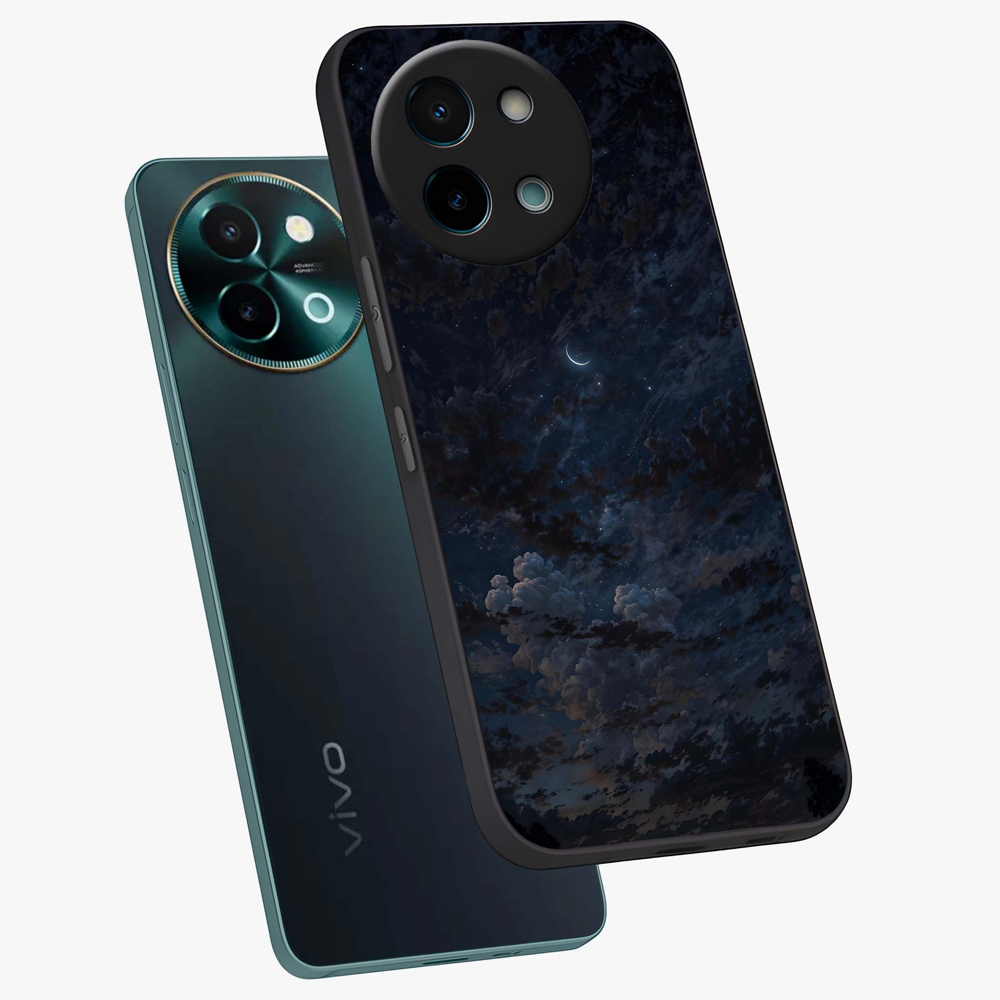 Lunar Veil Silence Glass Case displayed in angled mockup highlighting soft lunar design with peaceful celestial aesthetic.