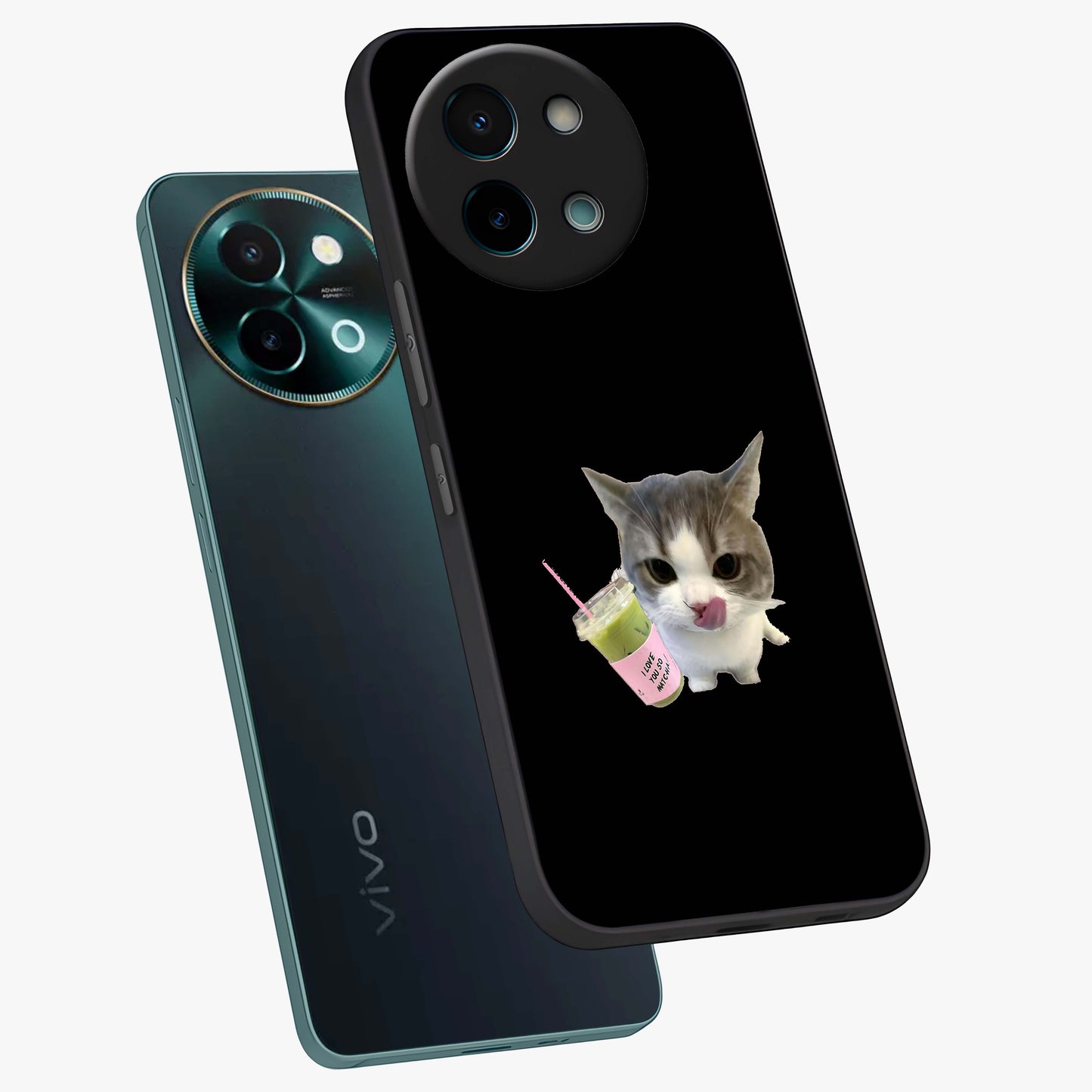 Matcha Cat Style Glass Case displayed in angled mockup highlighting playful feline design with pastel matcha aesthetic.