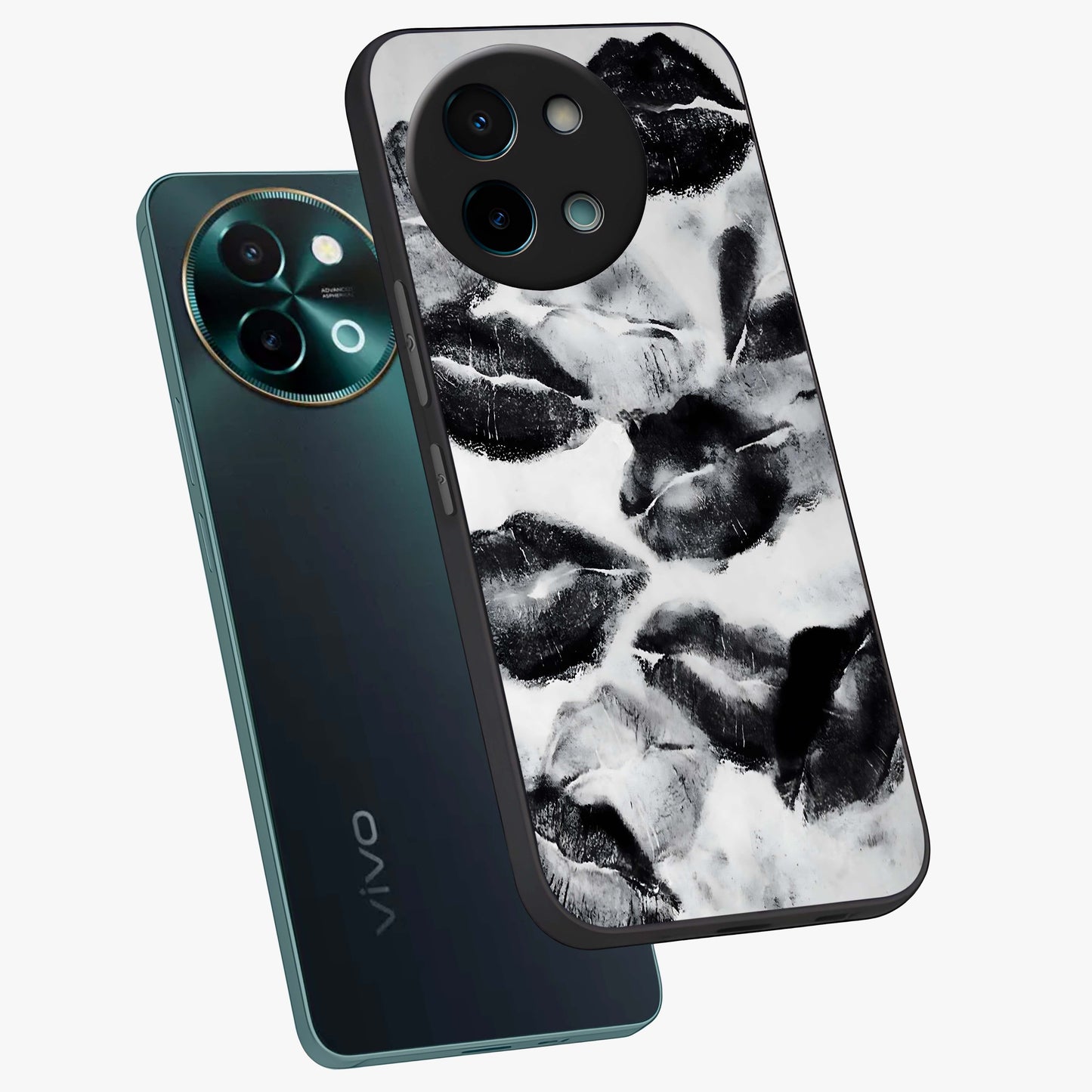 Midnight Kiss Marks Glass Case displayed in angled mockup highlighting playful romantic design with bold midnight aesthetic.