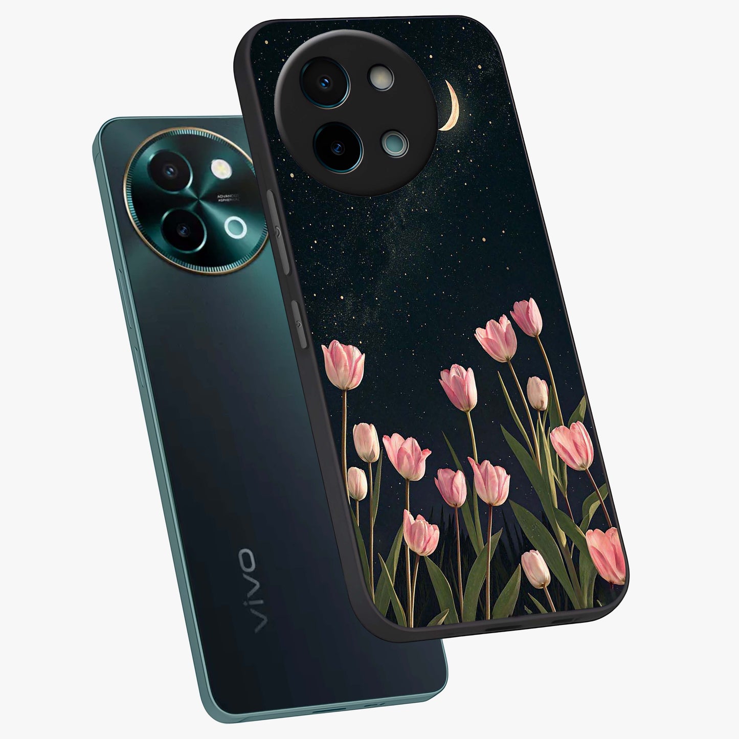 Midnight Tulip Whispers Vibe Glass Case displayed in angled mockup highlighting delicate tulip design with midnight floral aesthetic.