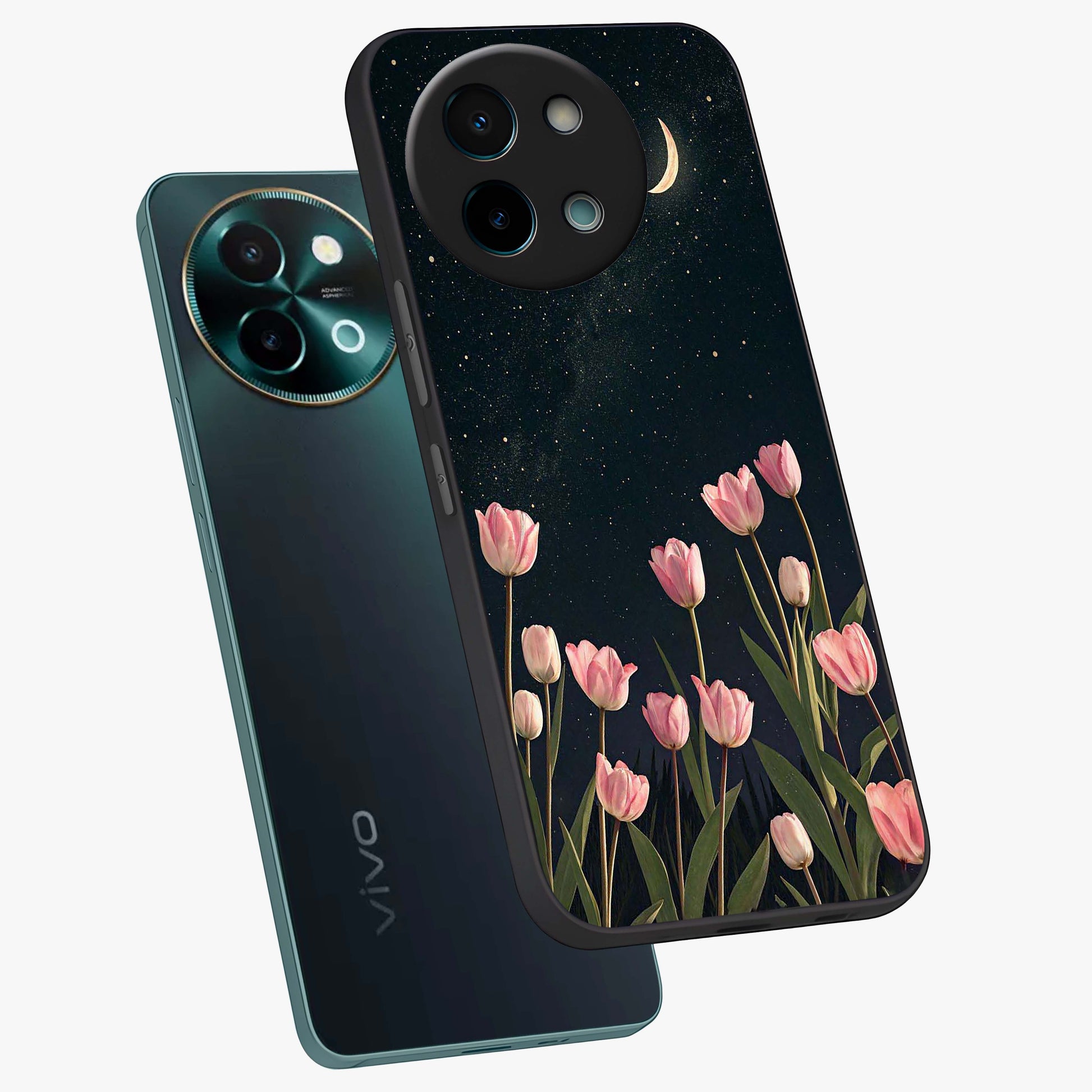 Midnight Tulip Whispers Vibe Glass Case displayed in angled mockup highlighting delicate tulip design with midnight floral aesthetic.