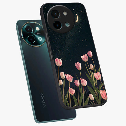 Midnight Tulip Whispers Vibe Glass Case displayed in angled mockup highlighting delicate tulip design with midnight floral aesthetic.