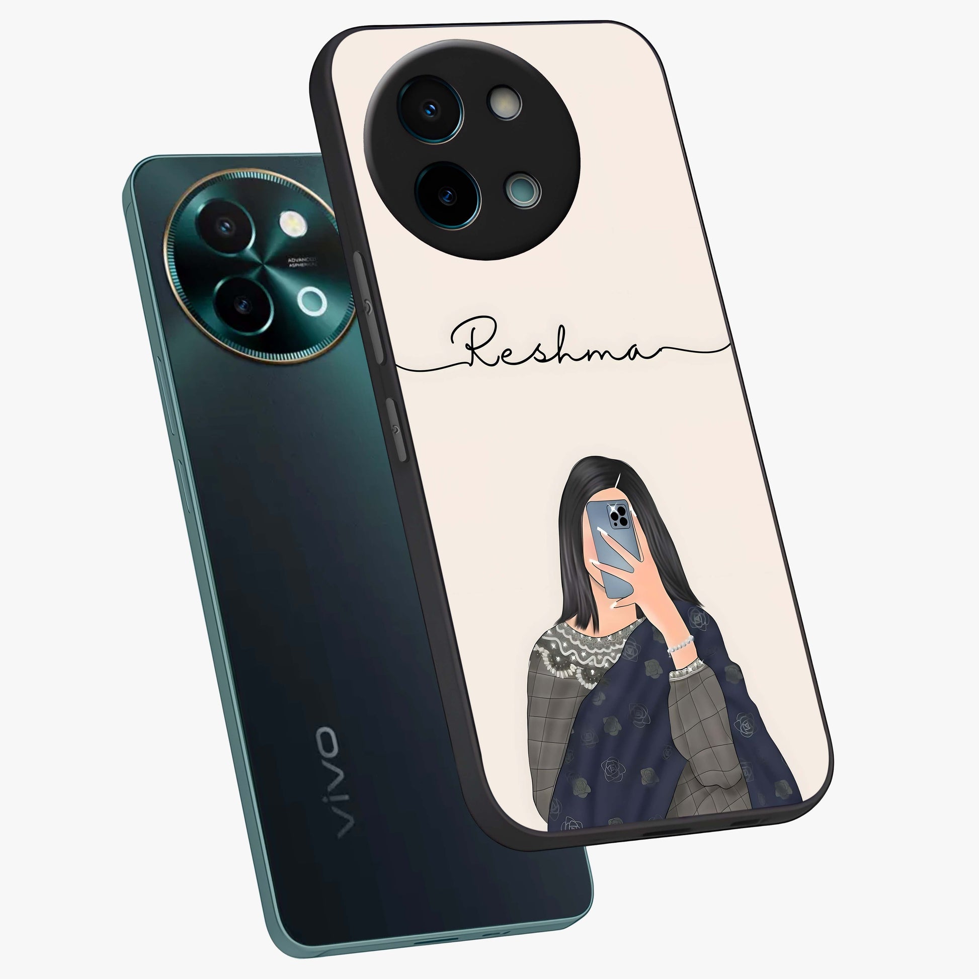 Mirror Mood Muse With Custom Name Glass Case displayed in angled mockup highlighting aesthetic mirror inspired design with custom name feature.