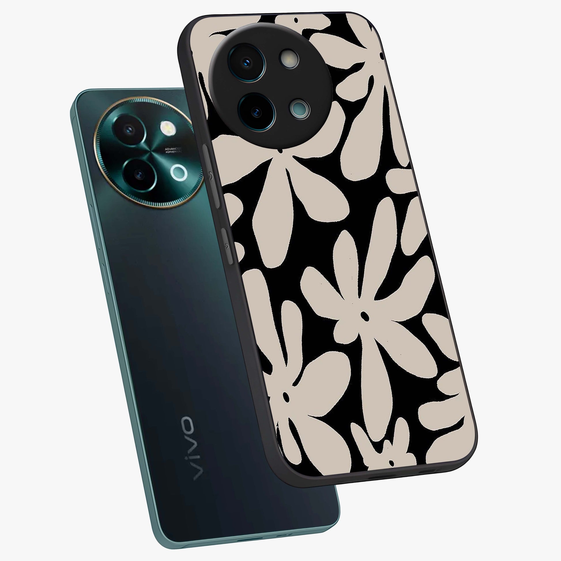 Monochrome Petal Dance Glass Case displayed in angled mockup highlighting elegant petal design with black and white aesthetic.