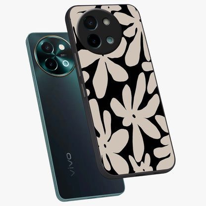 Monochrome Petal Dance Glass Case displayed in angled mockup highlighting elegant petal design with black and white aesthetic.
