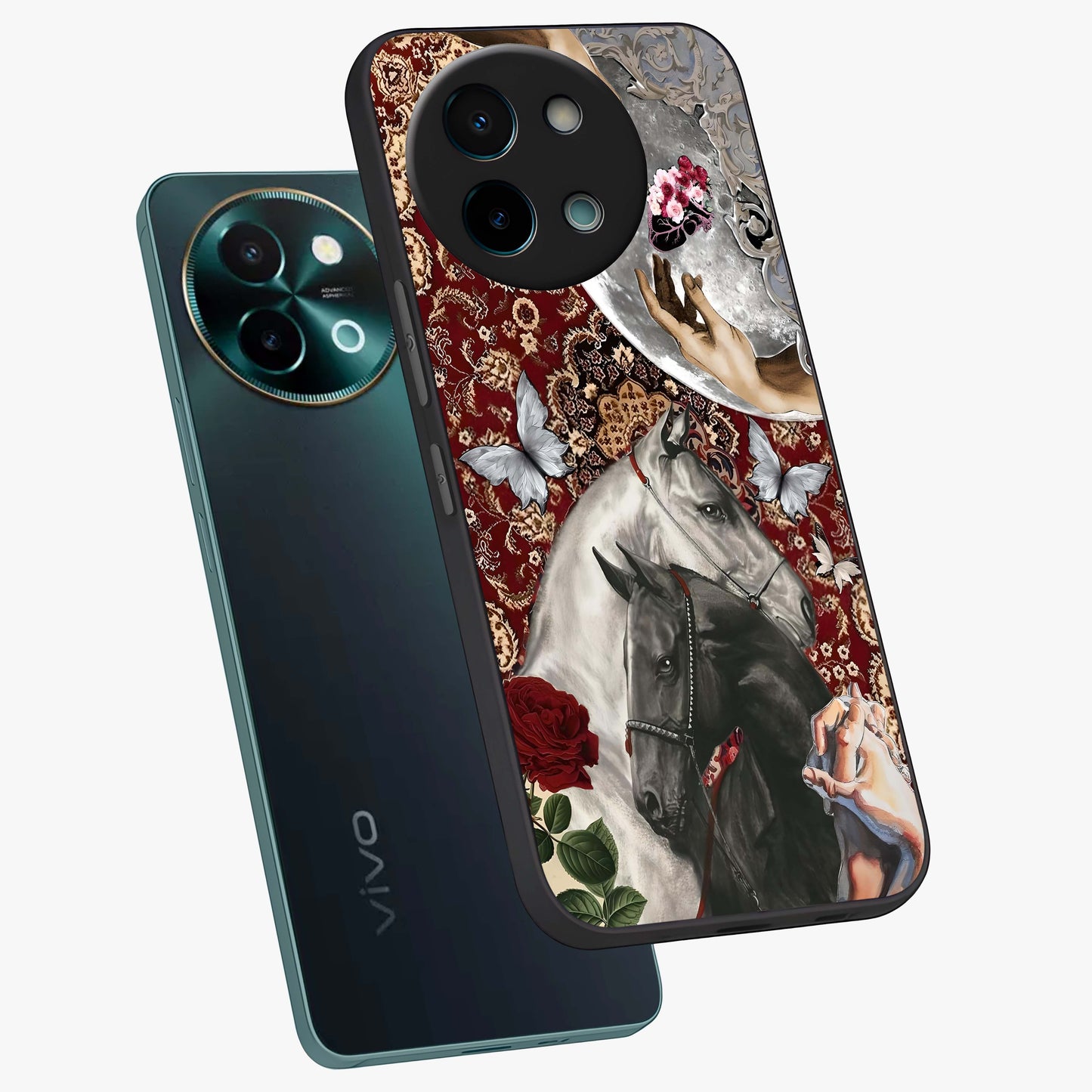 Moonlit Royal Stallion Glass Case displayed in angled mockup highlighting powerful stallion illustration with royal night aesthetic.