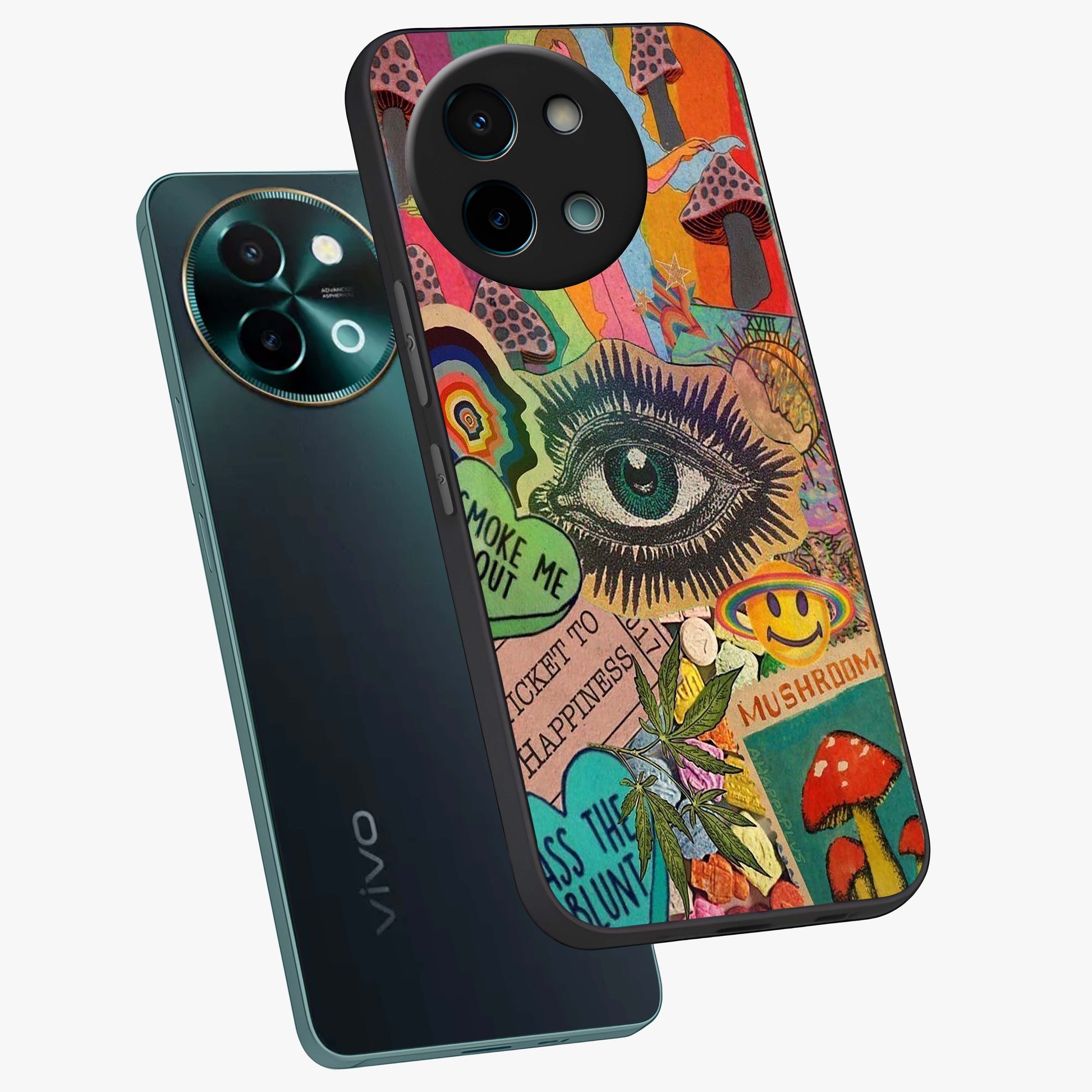 Mystic Eye Wonderland Glass Case displayed in angled mockup highlighting magical eye illustration with dreamy aesthetic.