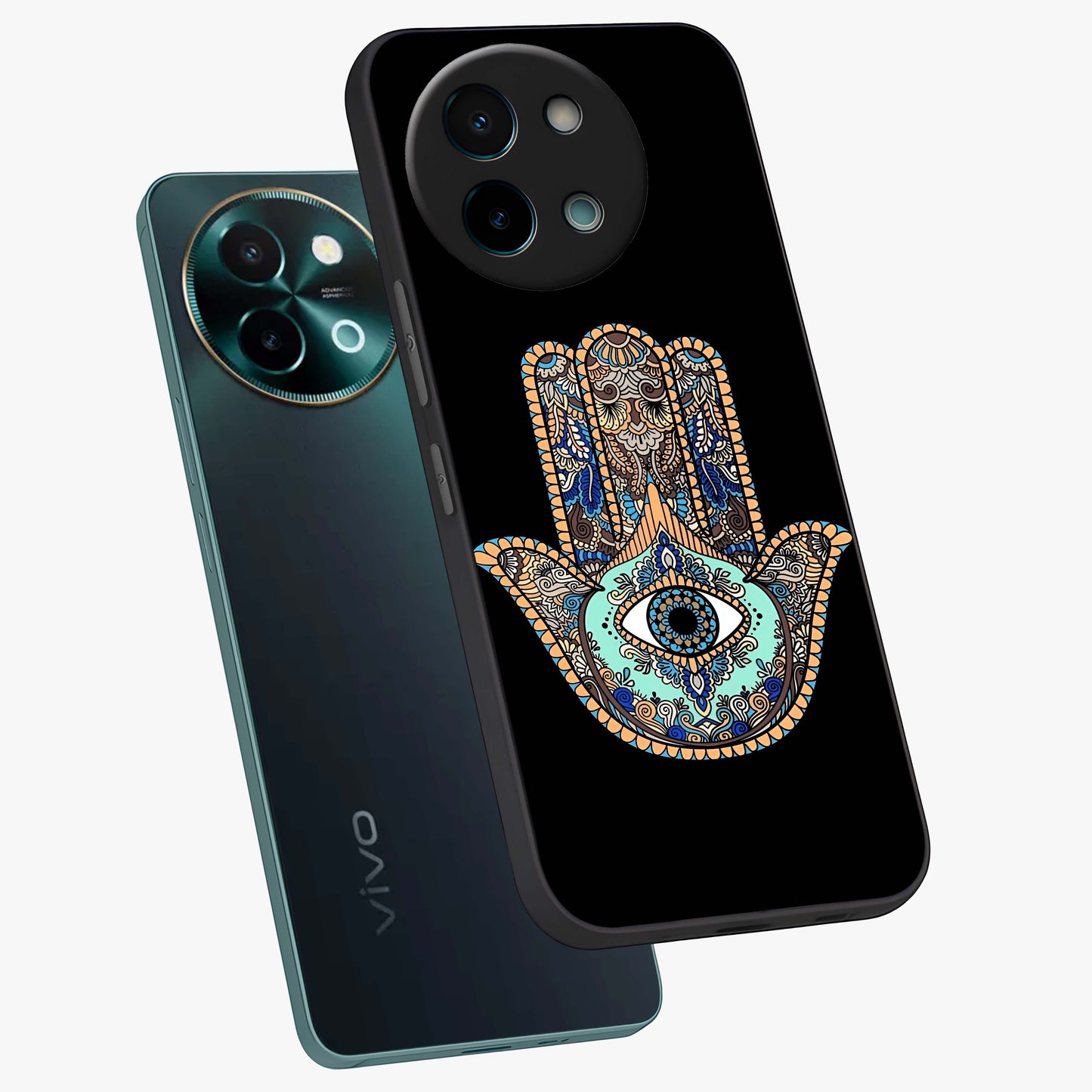 Mystic Hamsa Eye Glass Case displayed in angled mockup highlighting spiritual hamsa symbol with mystical aesthetic style.