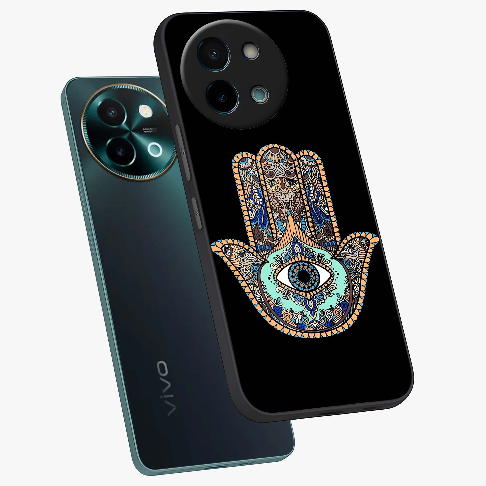 Mystic Hamsa Eye Glass Case displayed in angled mockup highlighting spiritual hamsa symbol with mystical aesthetic style.