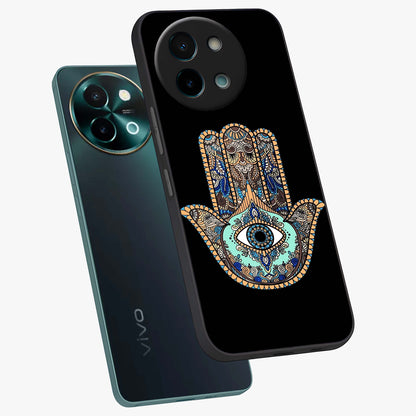 Mystic Hamsa Eye Glass Case displayed in angled mockup highlighting spiritual hamsa symbol with mystical aesthetic style.