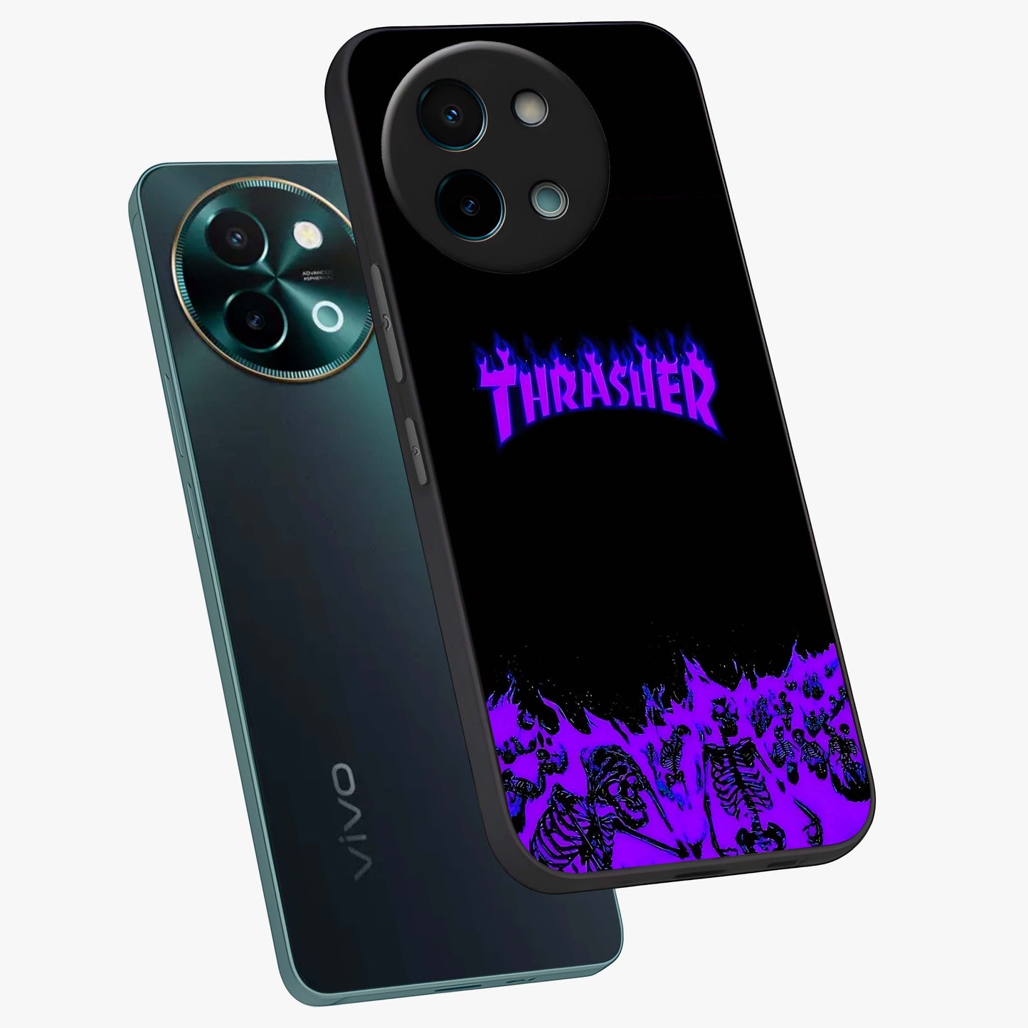 Neon Flame Riot Glass Case displayed in angled mockup highlighting glowing flame design with vibrant neon aesthetic.