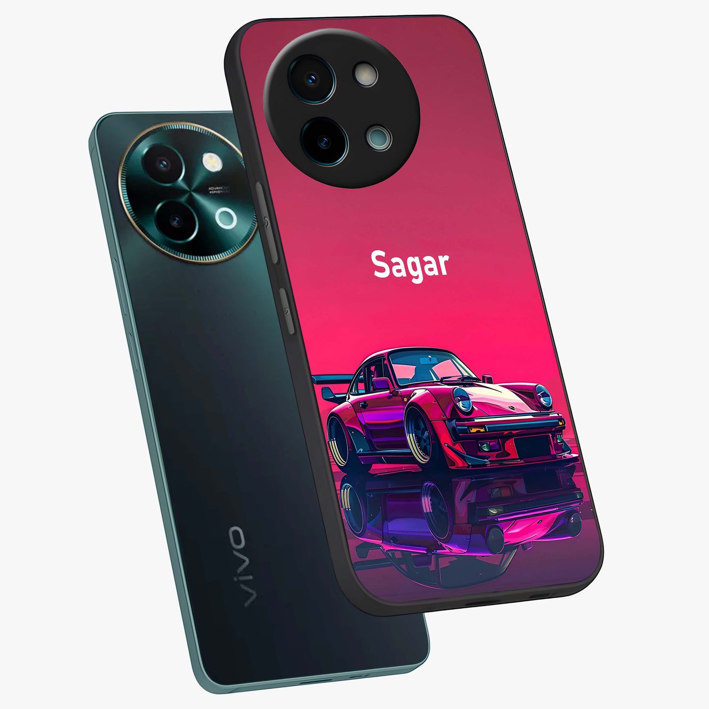 Neon Pink Porsche Glass Case displayed in angled mockup highlighting sleek neon pink car design with racing aesthetic.