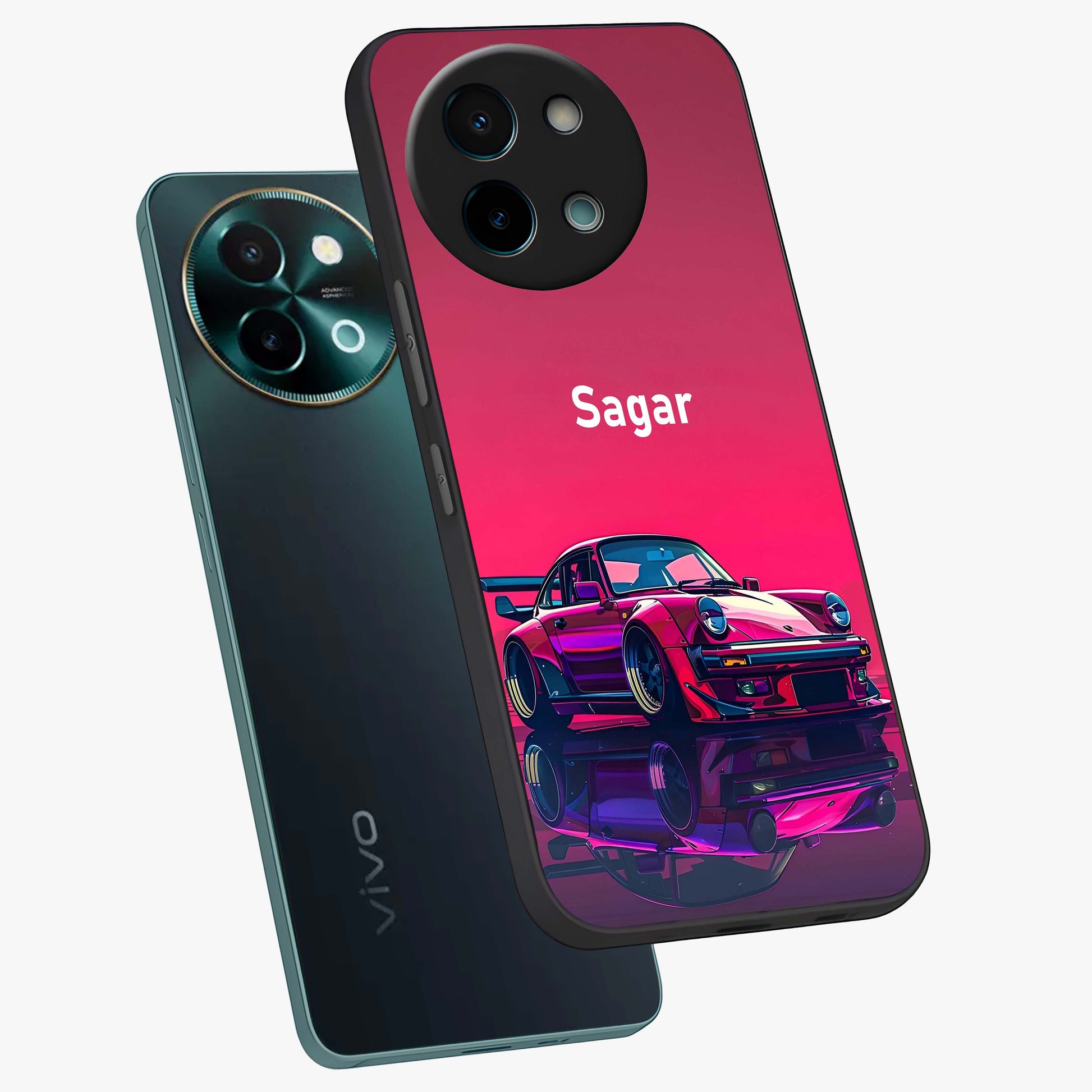 Neon Pink Porsche Glass Case displayed in angled mockup highlighting sleek neon pink car design with racing aesthetic.