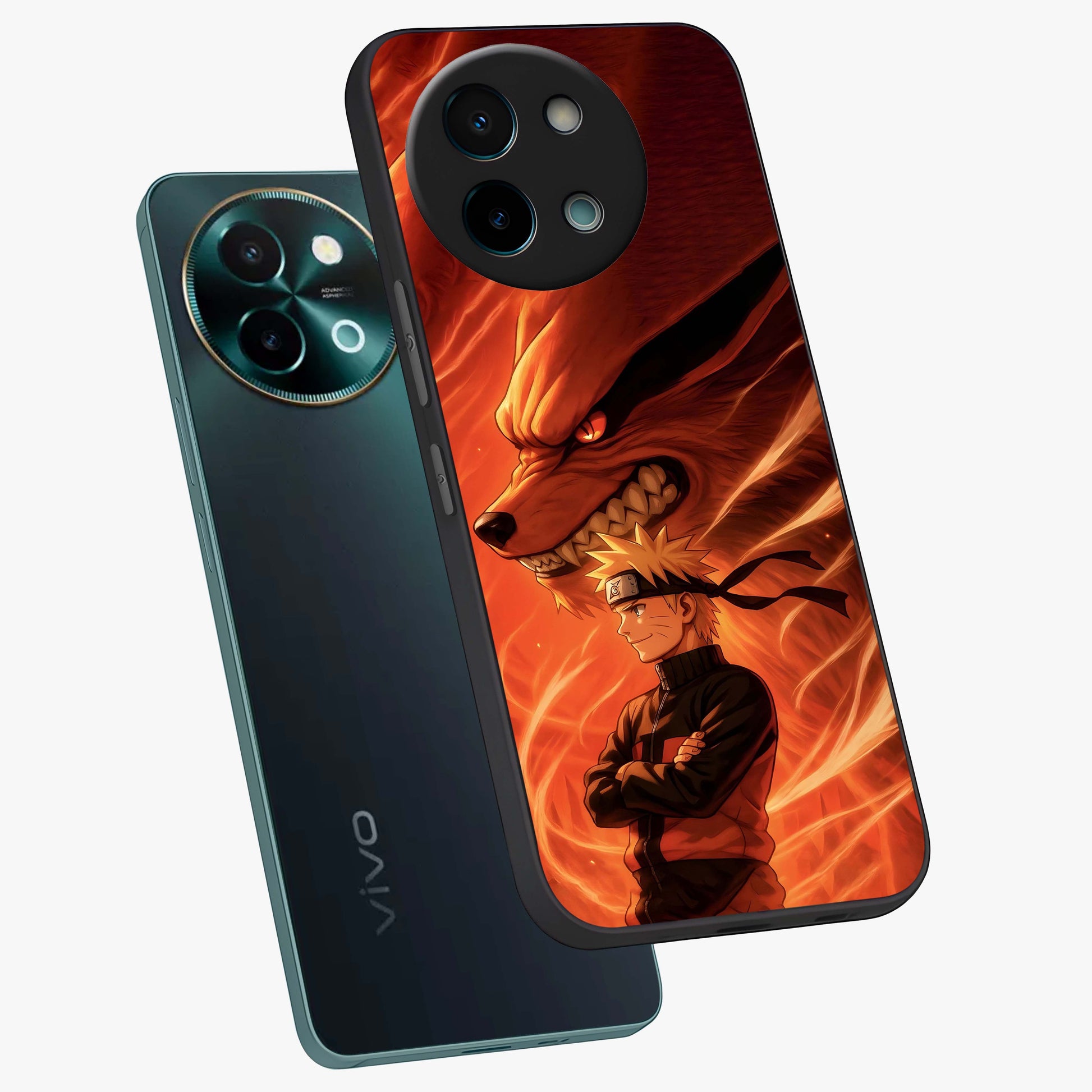 Nine Tails Legacy Glass Case displayed in angled mockup highlighting dynamic anime beast illustration with bold mystical aesthetic.