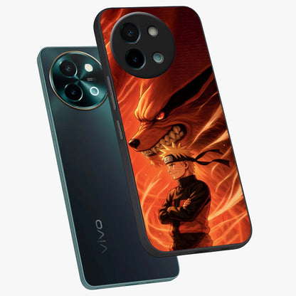 Nine Tails Legacy Glass Case displayed in angled mockup highlighting dynamic anime beast illustration with bold mystical aesthetic.