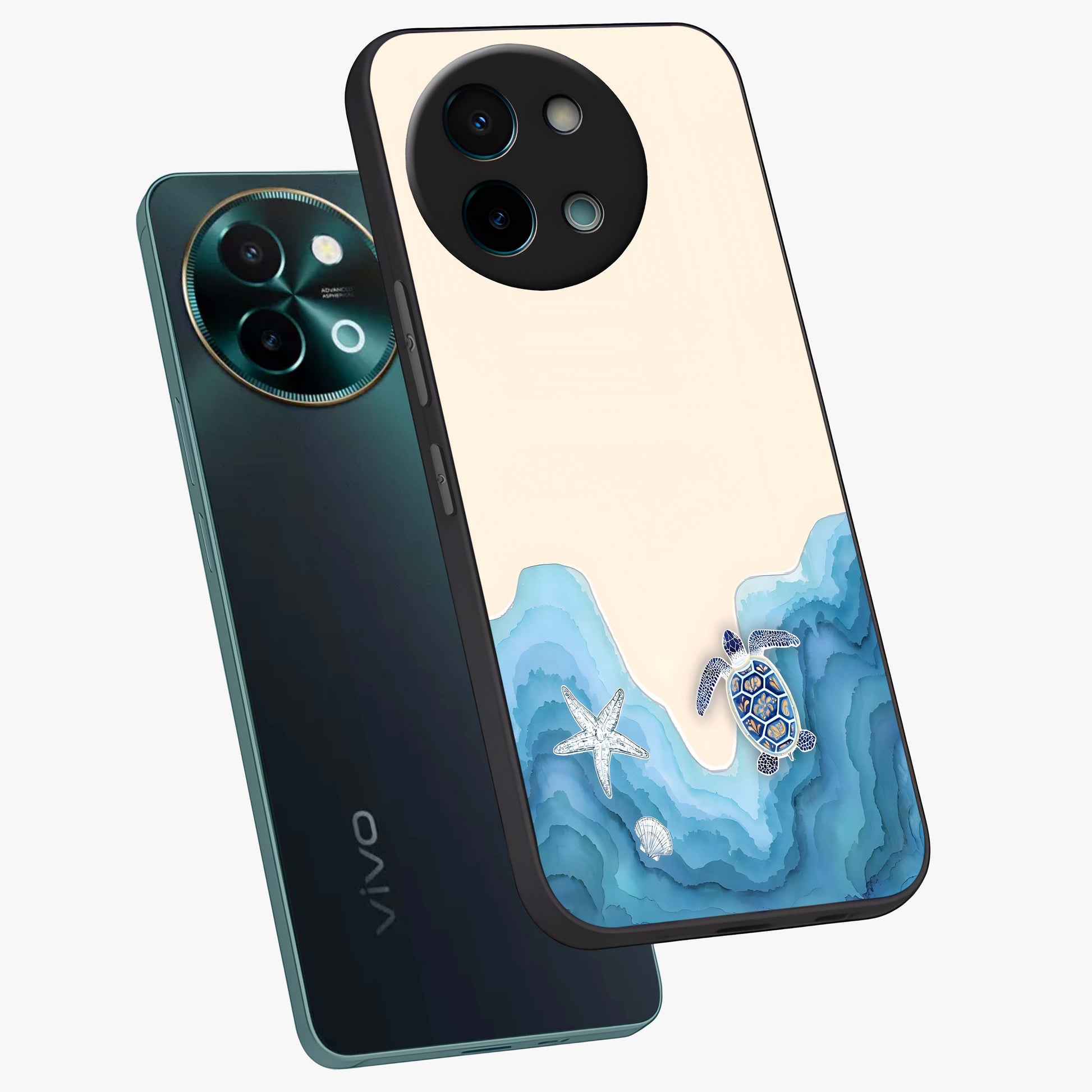Ocean Drift Turtle Glass Case displayed in angled mockup highlighting peaceful ocean turtle illustration with marine aesthetic.