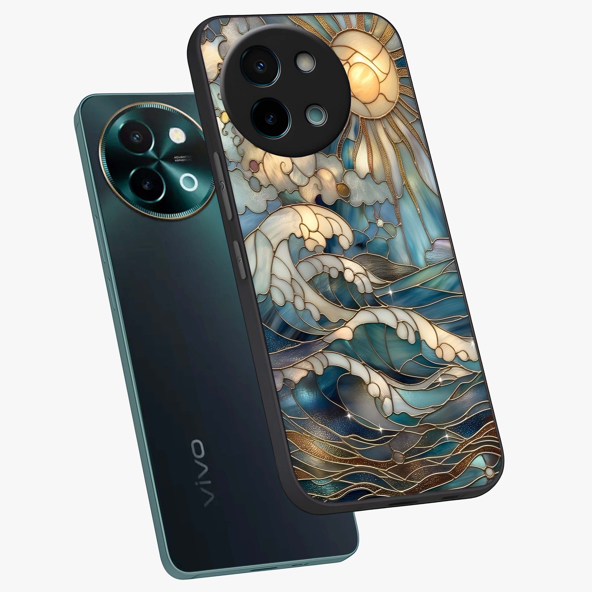 Oceanic Stained Printed Glass Case displayed in angled mockup highlighting colorful aquatic design with artistic aesthetic style.