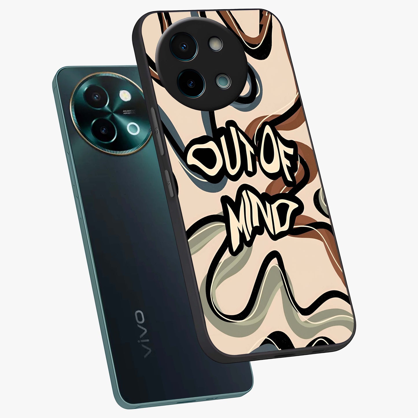 Out Of Mind Glass Case displayed in angled mockup highlighting bold statement design with modern artistic aesthetic.