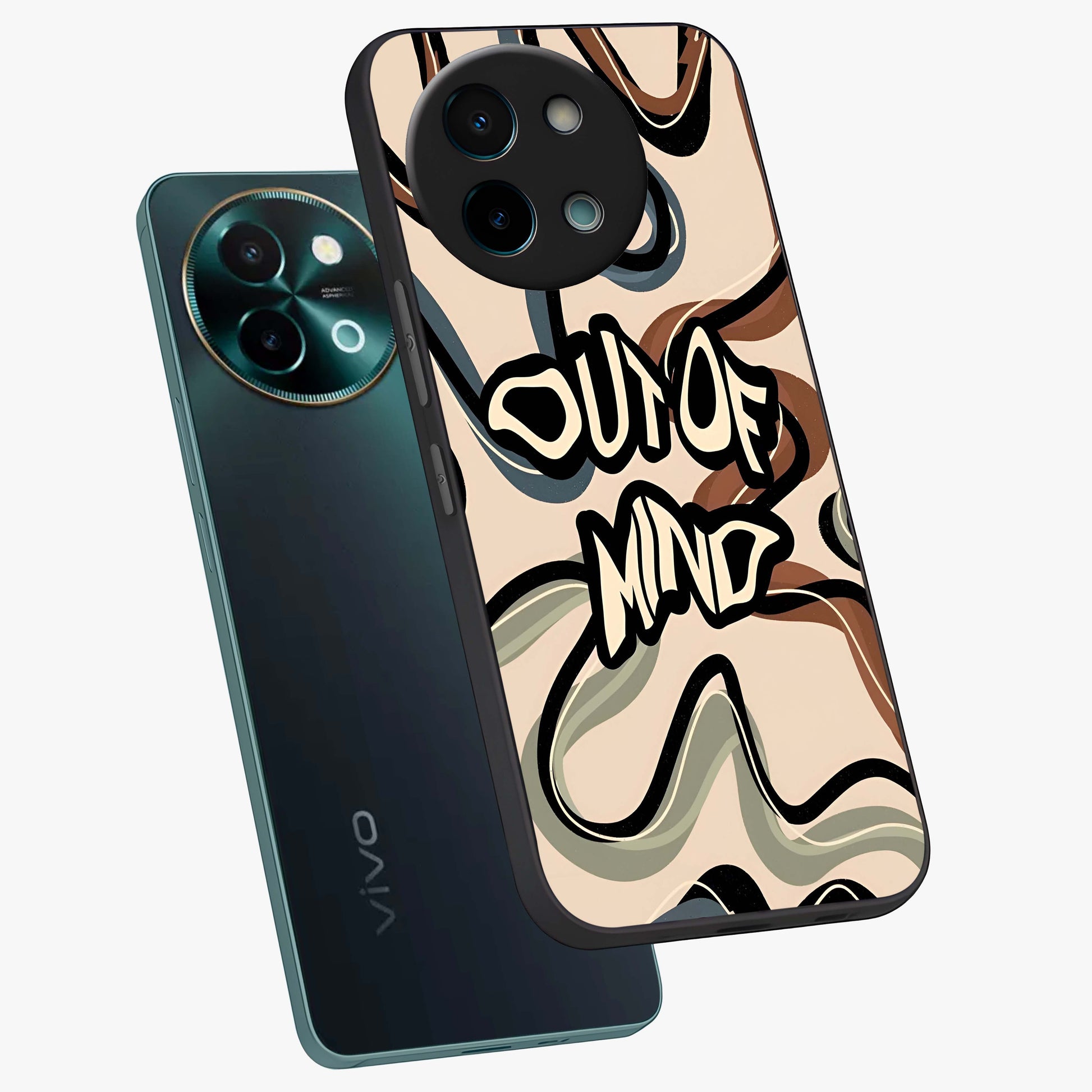 Out Of Mind Glass Case displayed in angled mockup highlighting bold statement design with modern artistic aesthetic.
