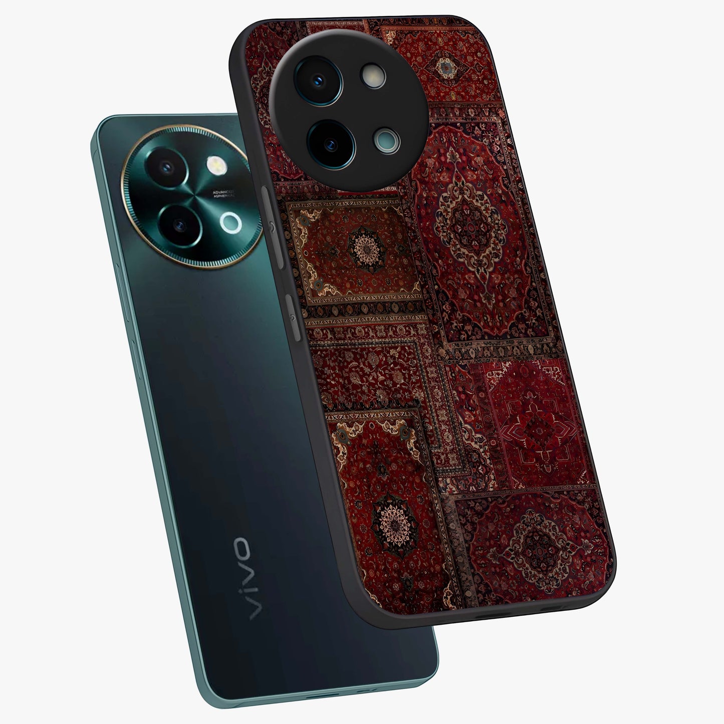 Persian Velvet Tale Glass Case displayed in angled mockup highlighting ornate textile inspired design with royal aesthetic.
