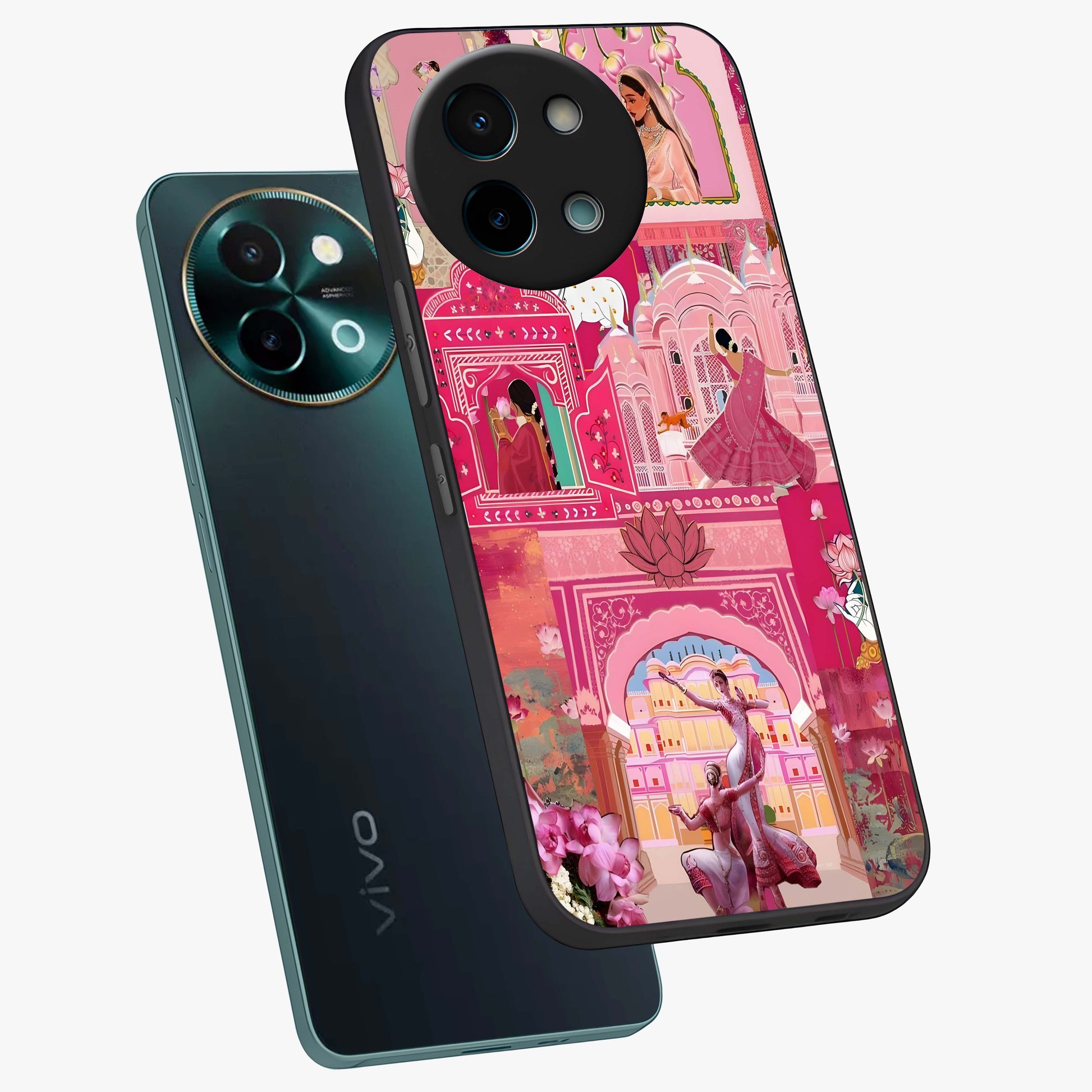 Pink Palace Muse Glass Case displayed in angled mockup highlighting dreamy palace illustration with soft pink aesthetic.