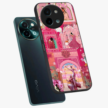 Pink Palace Muse Glass Case displayed in angled mockup highlighting dreamy palace illustration with soft pink aesthetic.