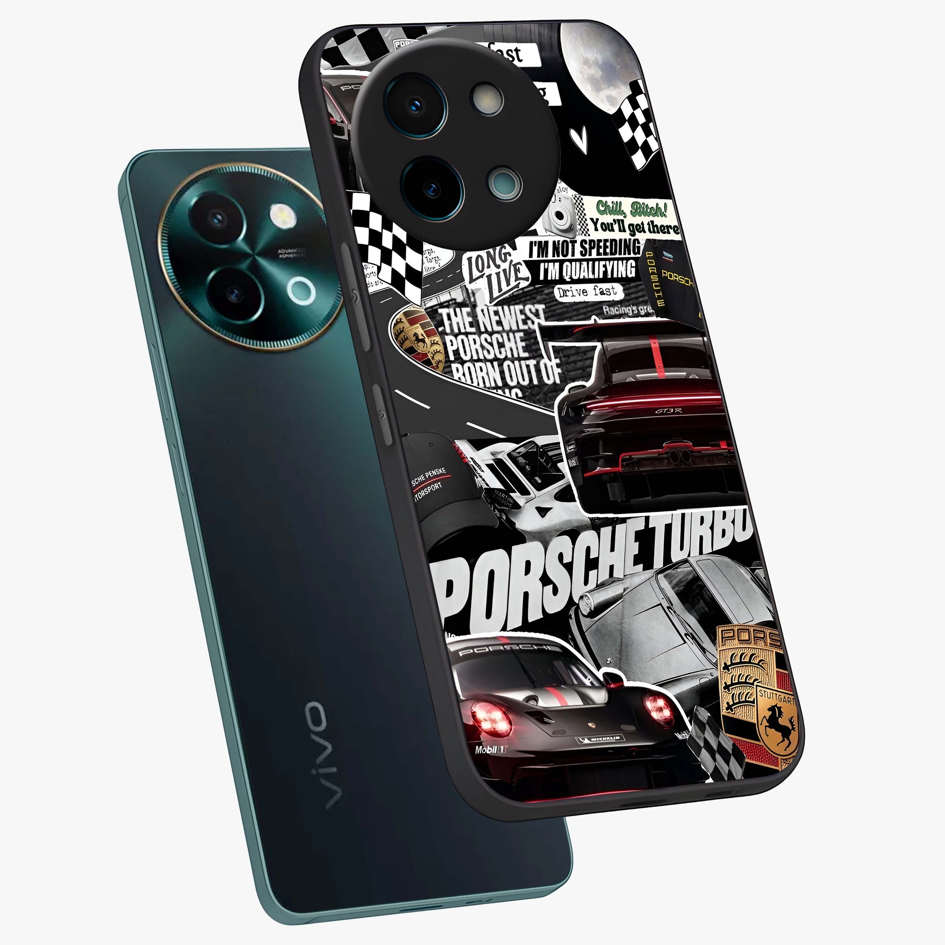 Porsche Racing Collage Glass Case displayed in angled mockup highlighting dynamic automotive design with bold racing aesthetic.