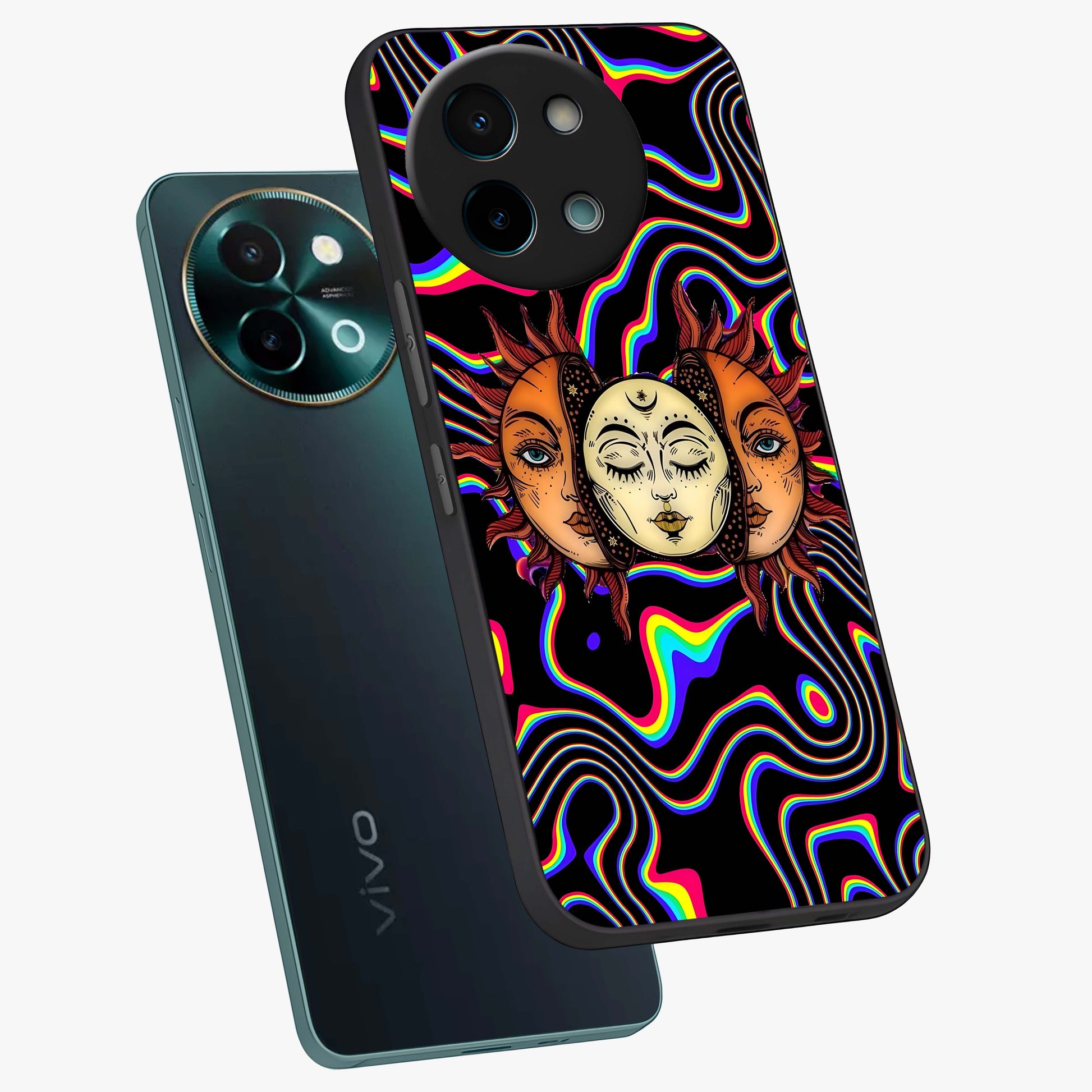 Psychedelic Sun Glass Case displayed in angled mockup highlighting vibrant abstract sun design with artistic aesthetic style.
