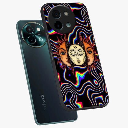 Psychedelic Sun Glass Case displayed in angled mockup highlighting vibrant abstract sun design with artistic aesthetic style.