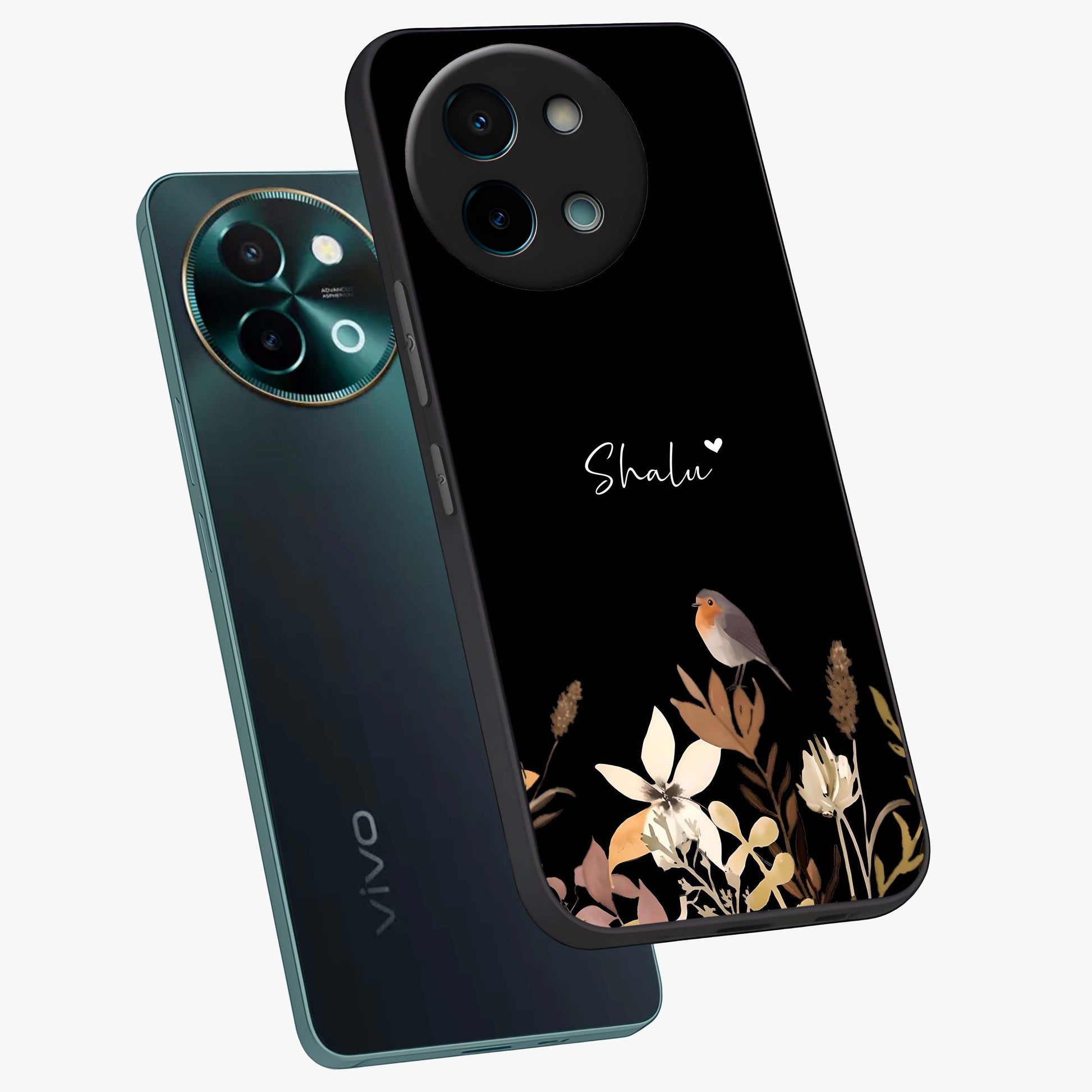 Quiet Garden Tune Custom Name Glass Case displayed in angled mockup highlighting delicate floral garden design with custom name feature.