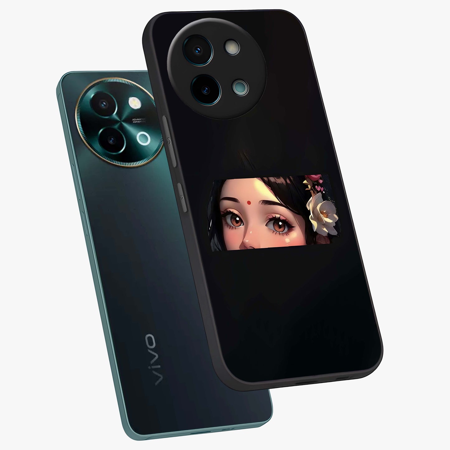 Radha Divine Embrace Glass Case displayed in angled mockup highlighting graceful spiritual illustration with divine aesthetic.