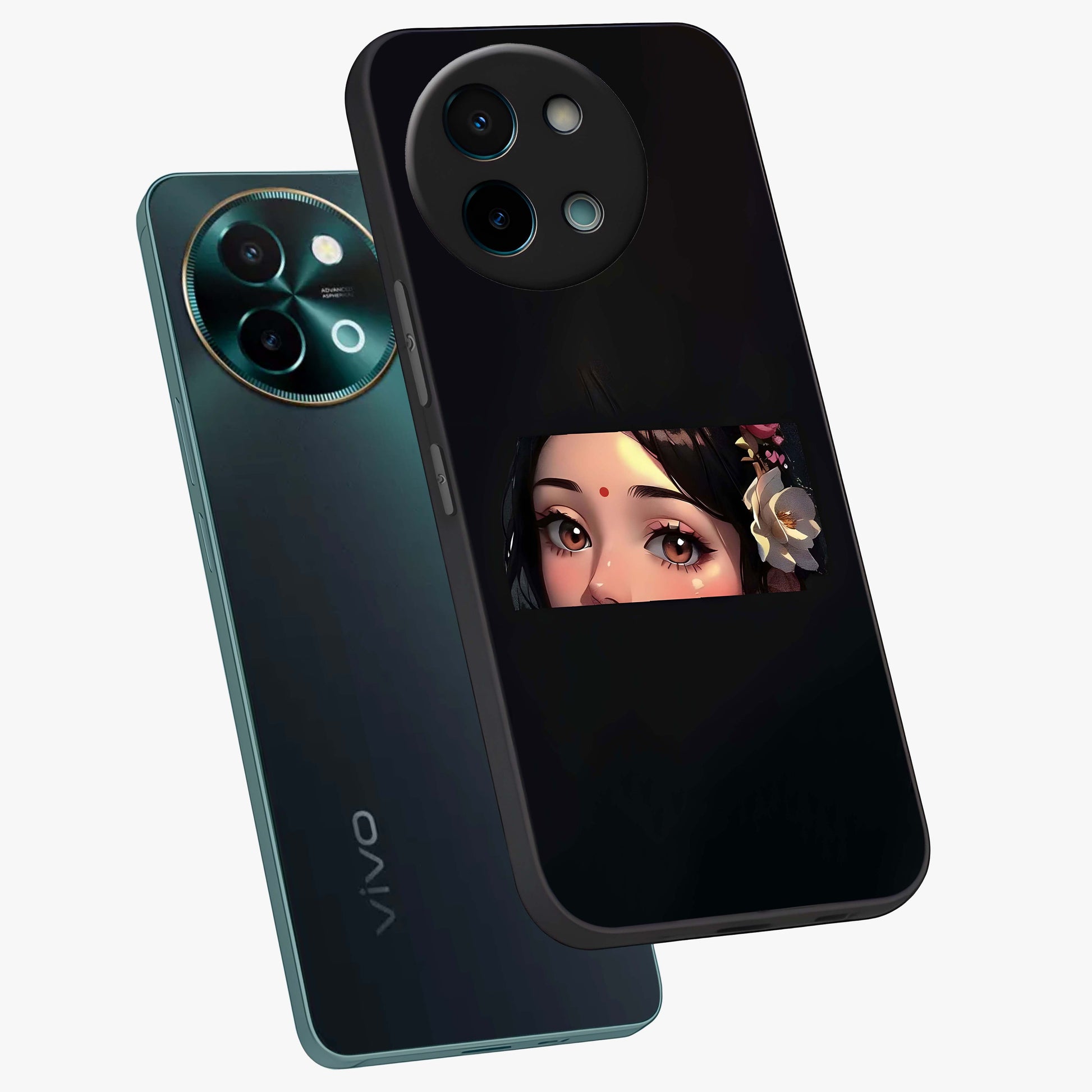 Radha Divine Embrace Glass Case displayed in angled mockup highlighting graceful spiritual illustration with divine aesthetic.