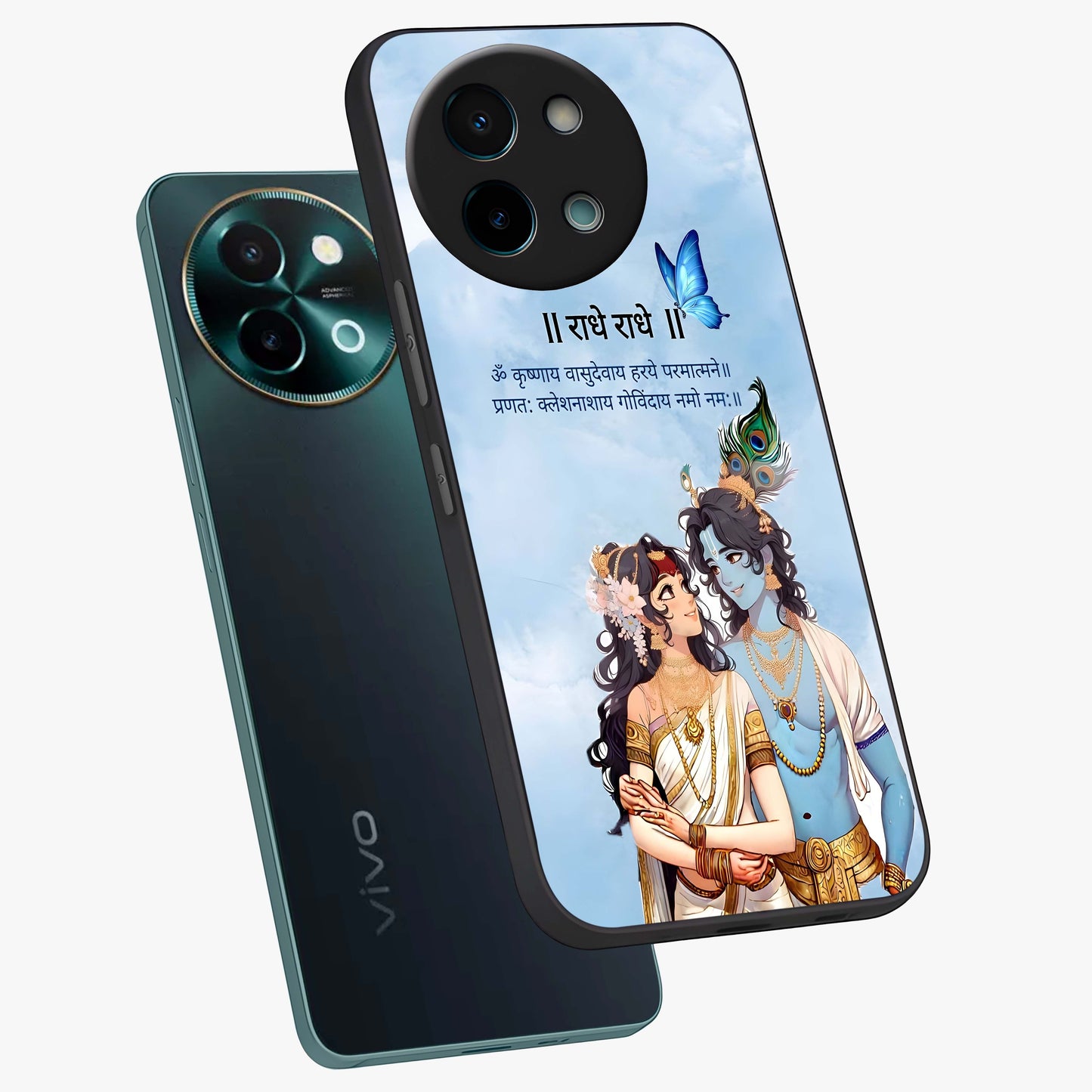 Radha Krishna Eternal Glass Case displayed in angled mockup highlighting divine Radha Krishna illustration with spiritual aesthetic.