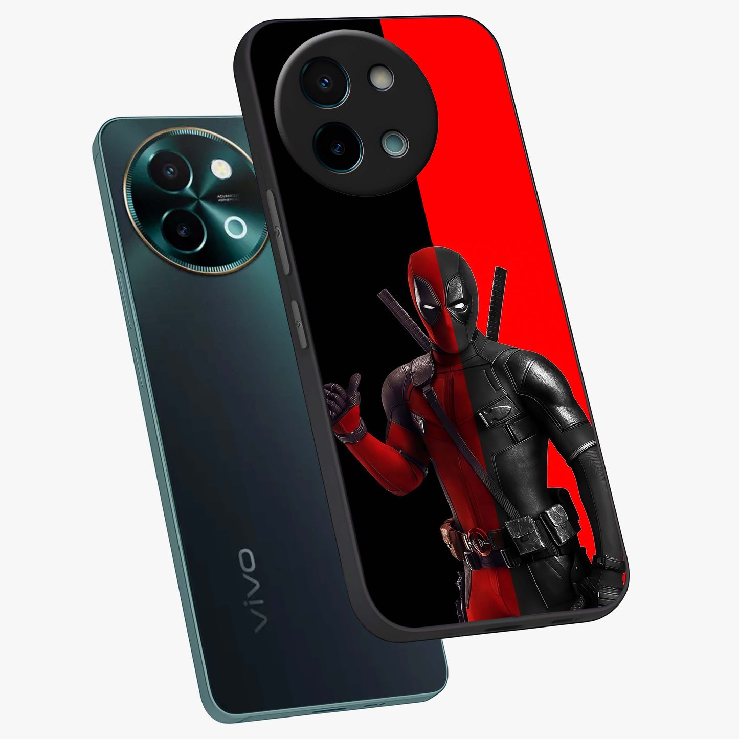 Red & Black Deadpool Theme Glass Case displayed in angled mockup highlighting vibrant superhero style illustration with action aesthetic.