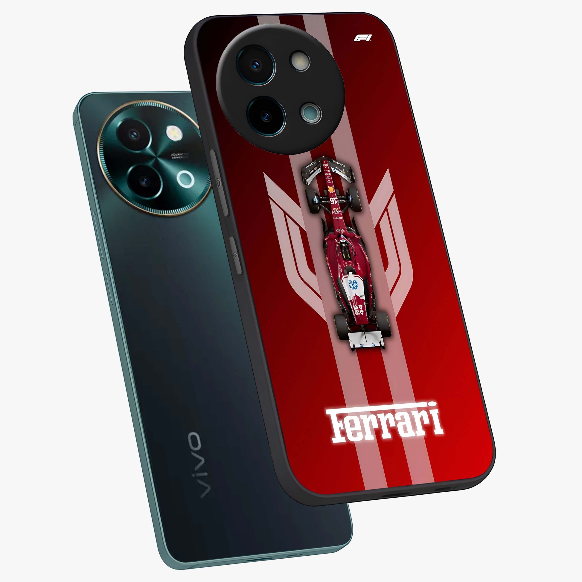 Red Ferrari F1 Vertical Glass Case displayed in angled mockup highlighting high speed racing design with bold automotive aesthetic.