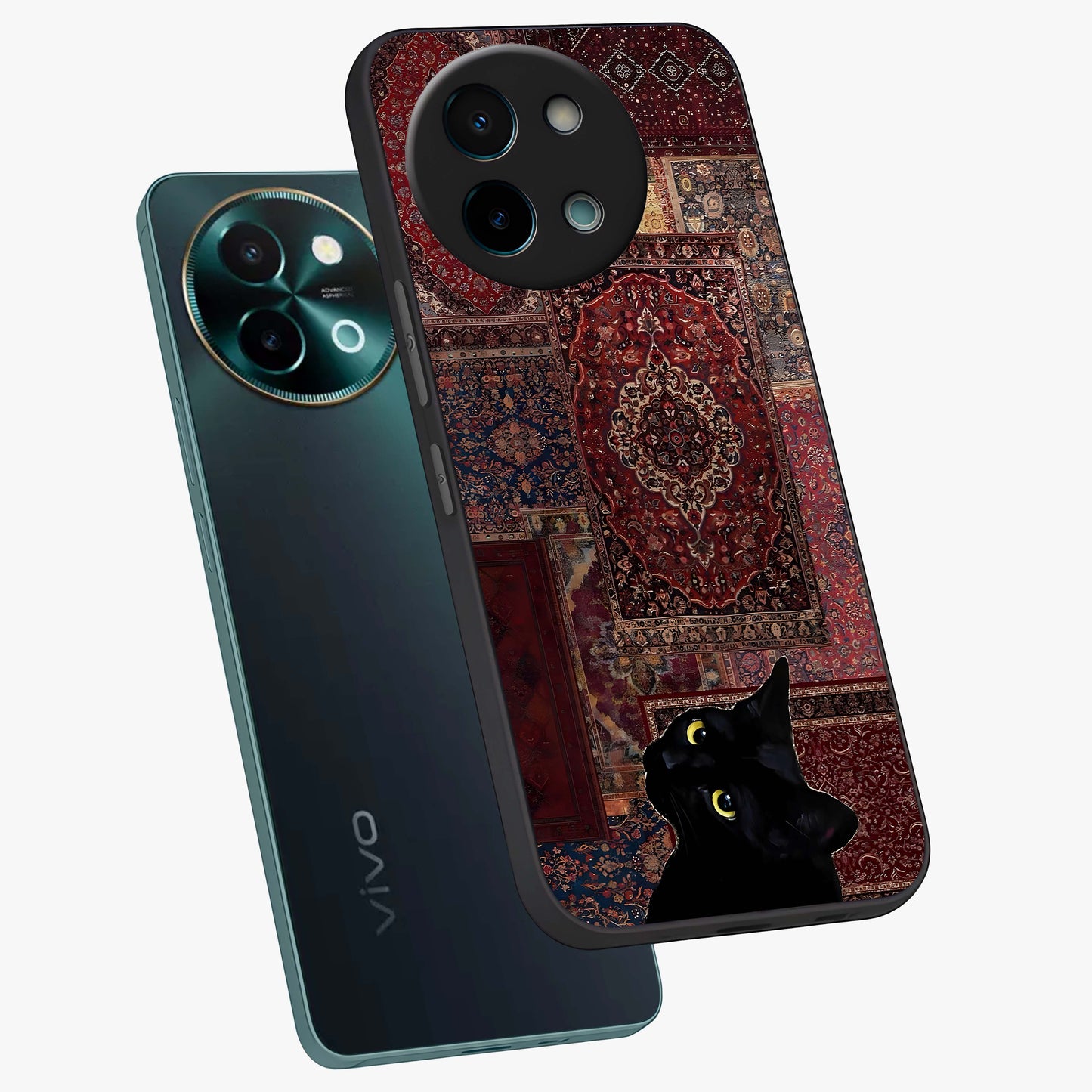 Regal Magic Cat Apple Glass Case displayed in angled mockup highlighting whimsical feline design with fantasy aesthetic.