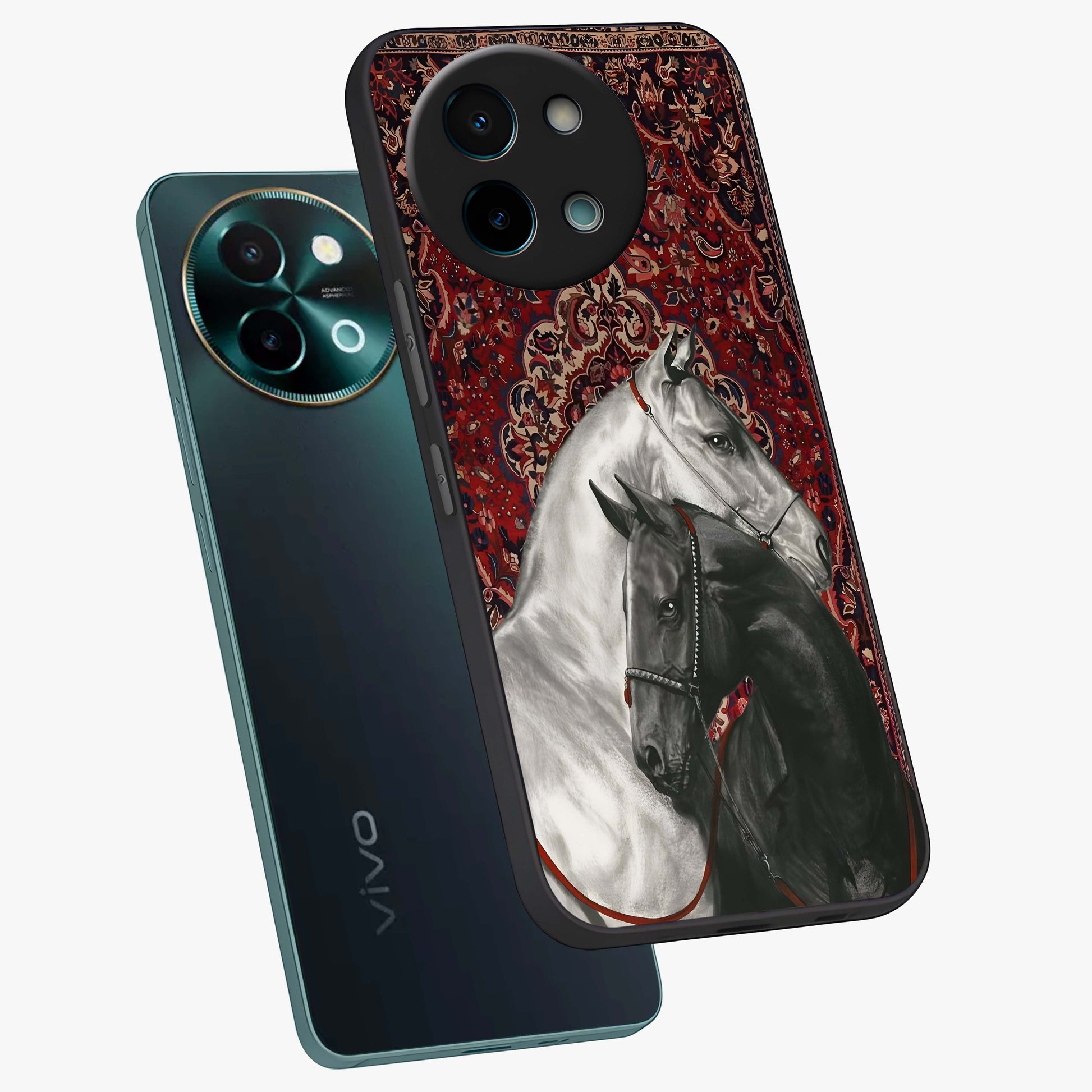 Regal Stallion Tapestry Glass Case displayed in angled mockup highlighting royal stallion design with decorative heritage aesthetic.
