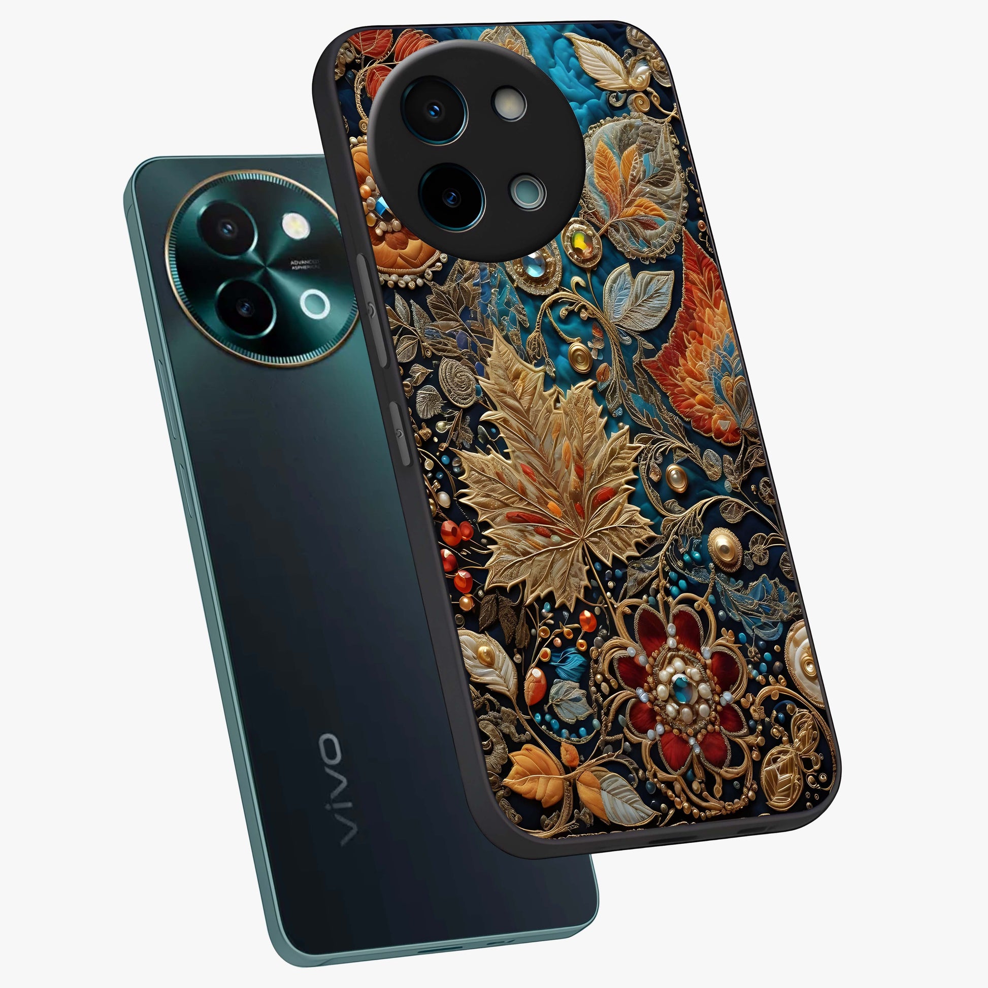 Royal Jewel Garden Glass Case displayed in angled mockup highlighting vibrant jewel inspired floral design with elegant aesthetic.