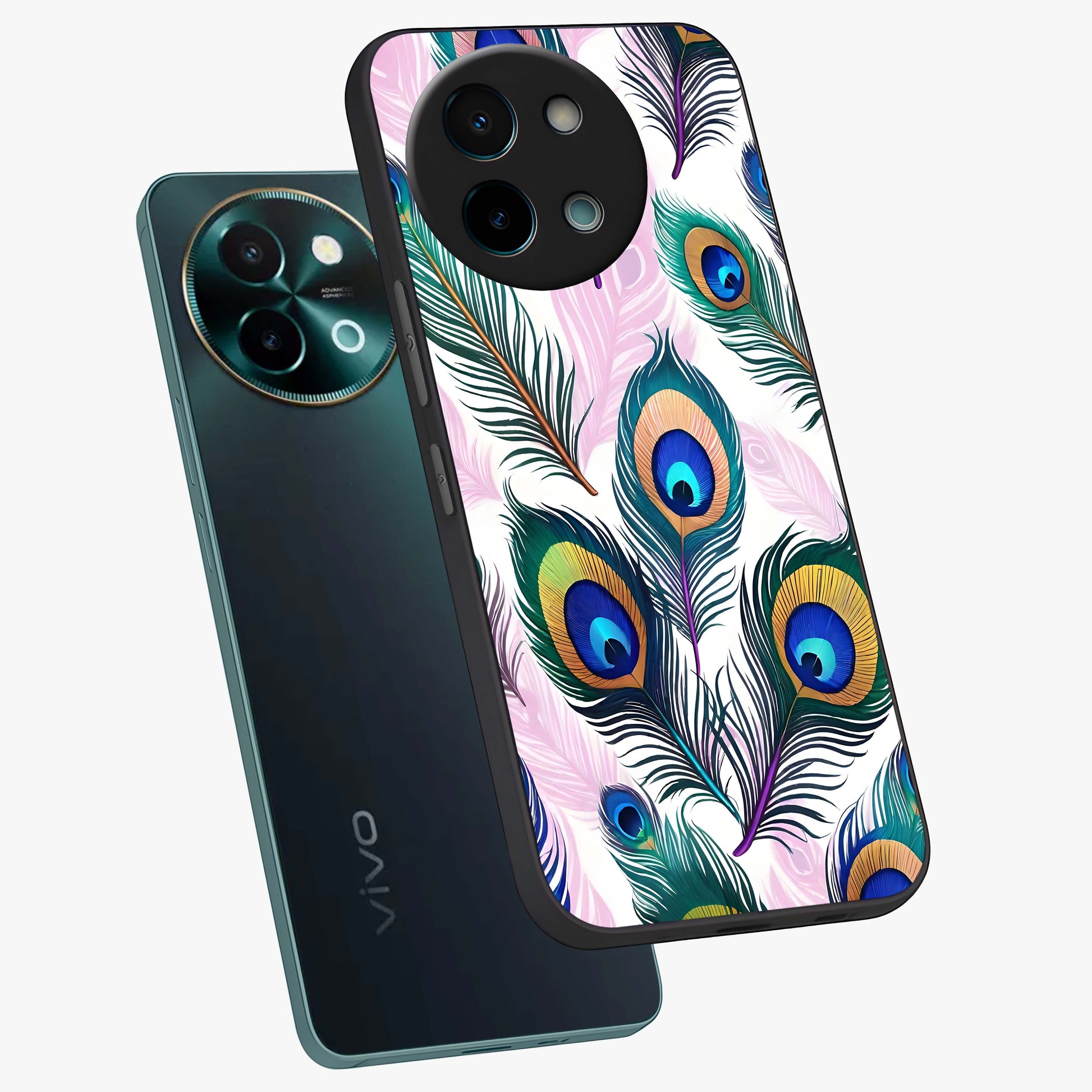 Royal Peacock Feathers Glass Case displayed in angled mockup highlighting vibrant feather pattern with regal aesthetic style.