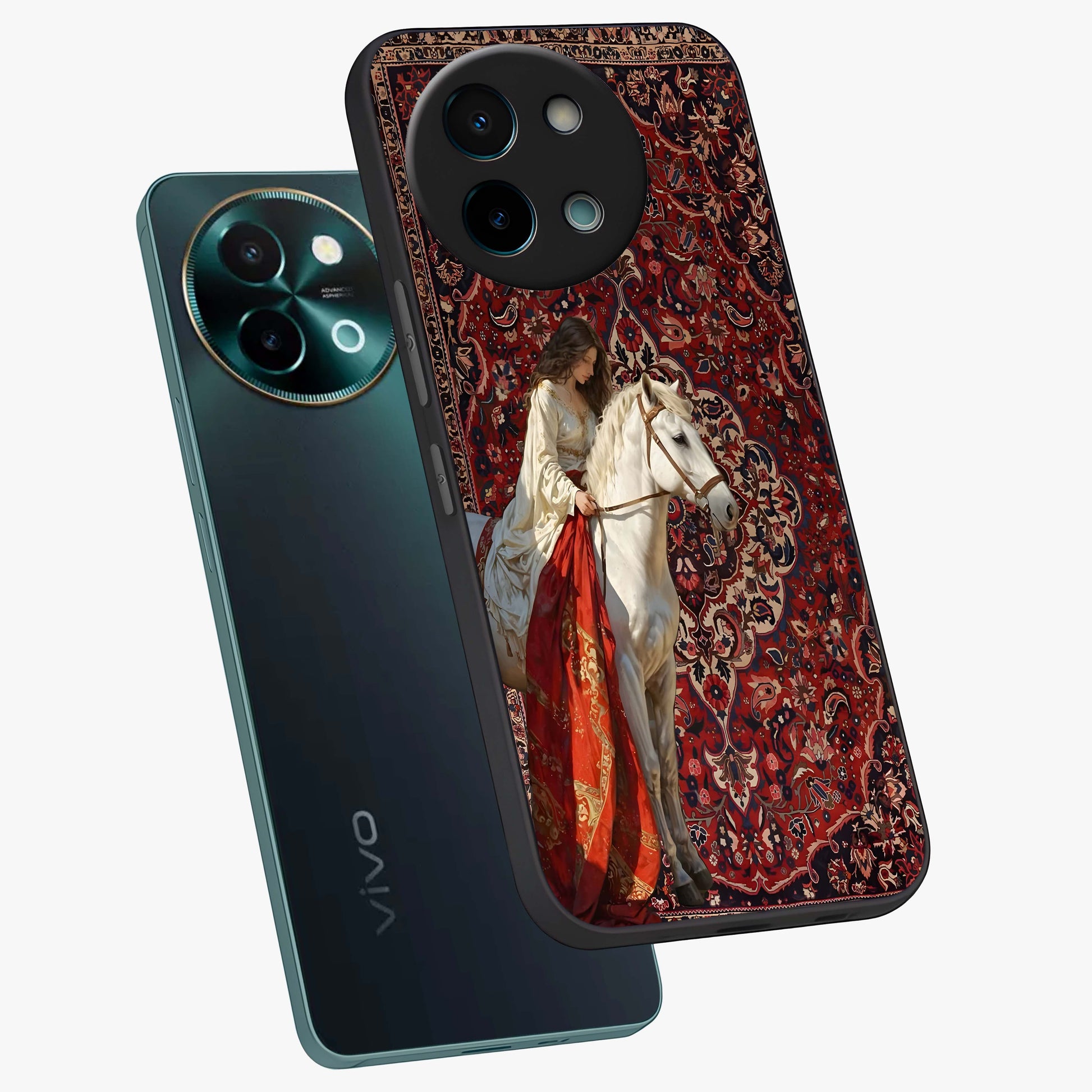 Royal Rider Tapestry Glass Case displayed in angled mockup highlighting traditional tapestry design with royal heritage aesthetic.