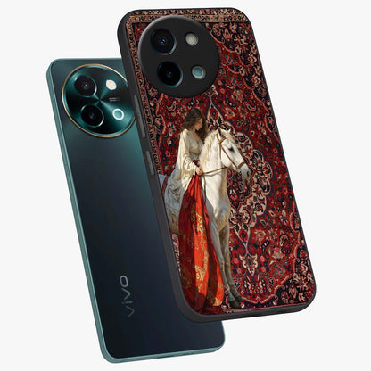 Royal Rider Tapestry Glass Case displayed in angled mockup highlighting traditional tapestry design with royal heritage aesthetic.