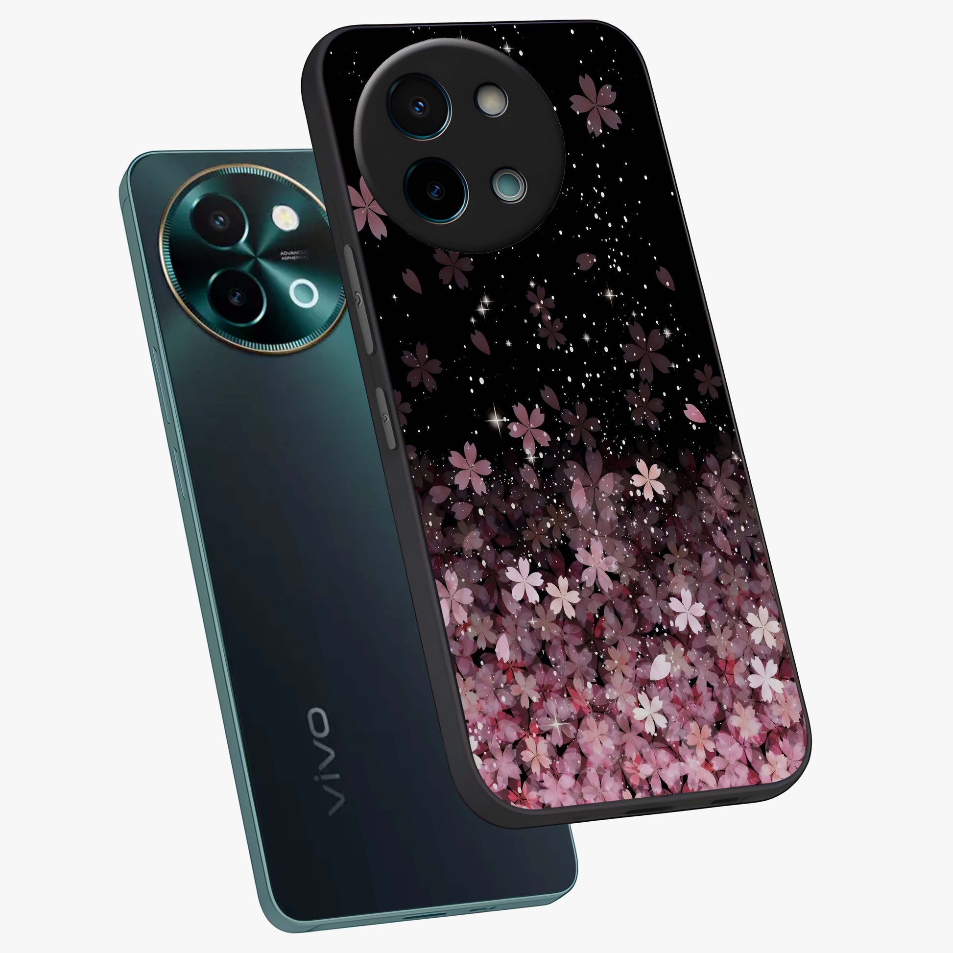Small Starry Flowers Glass Case displayed in angled mockup highlighting tiny flower pattern with celestial aesthetic style.