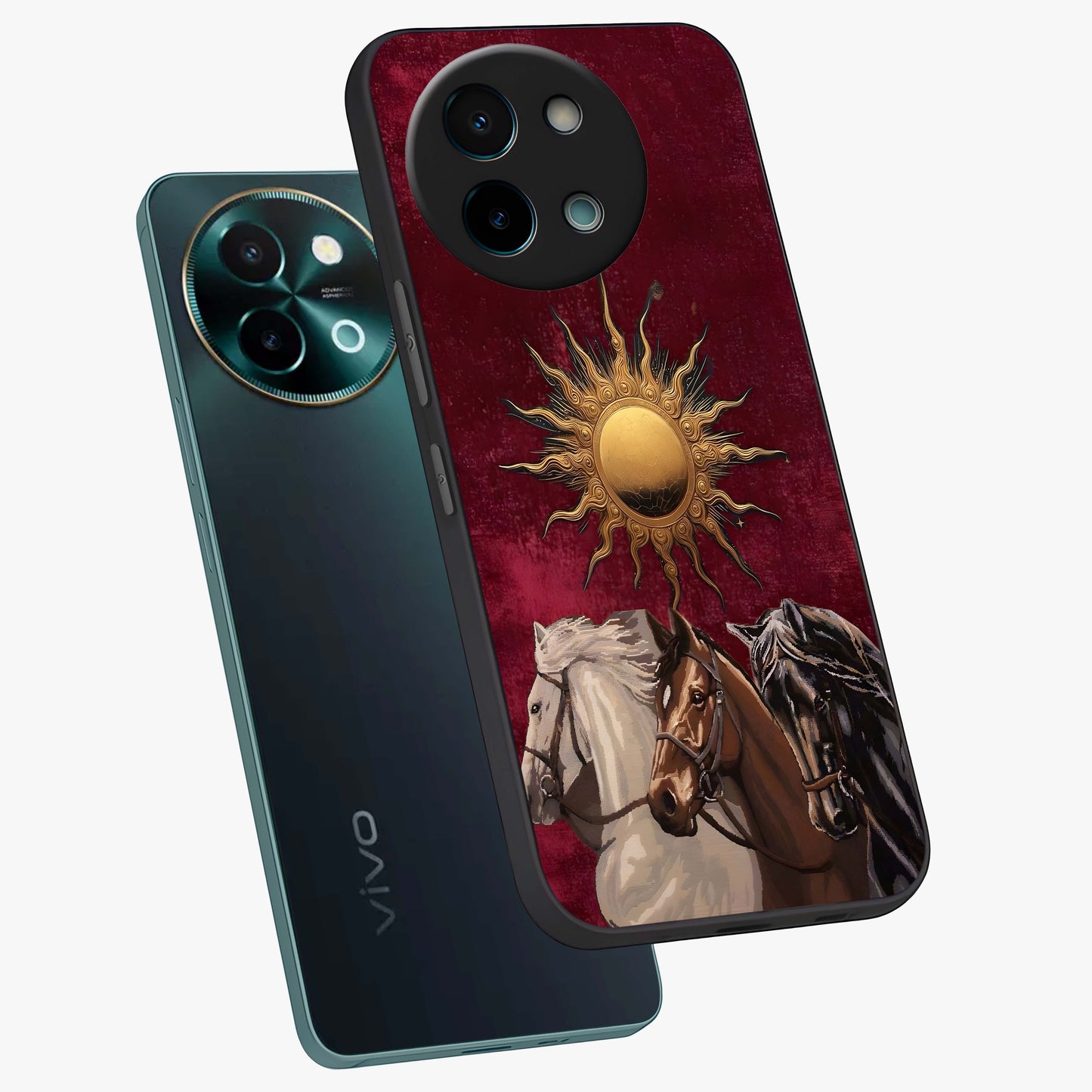 Solar Riders Glass Case displayed in angled mockup highlighting powerful rider illustration with radiant solar aesthetic.