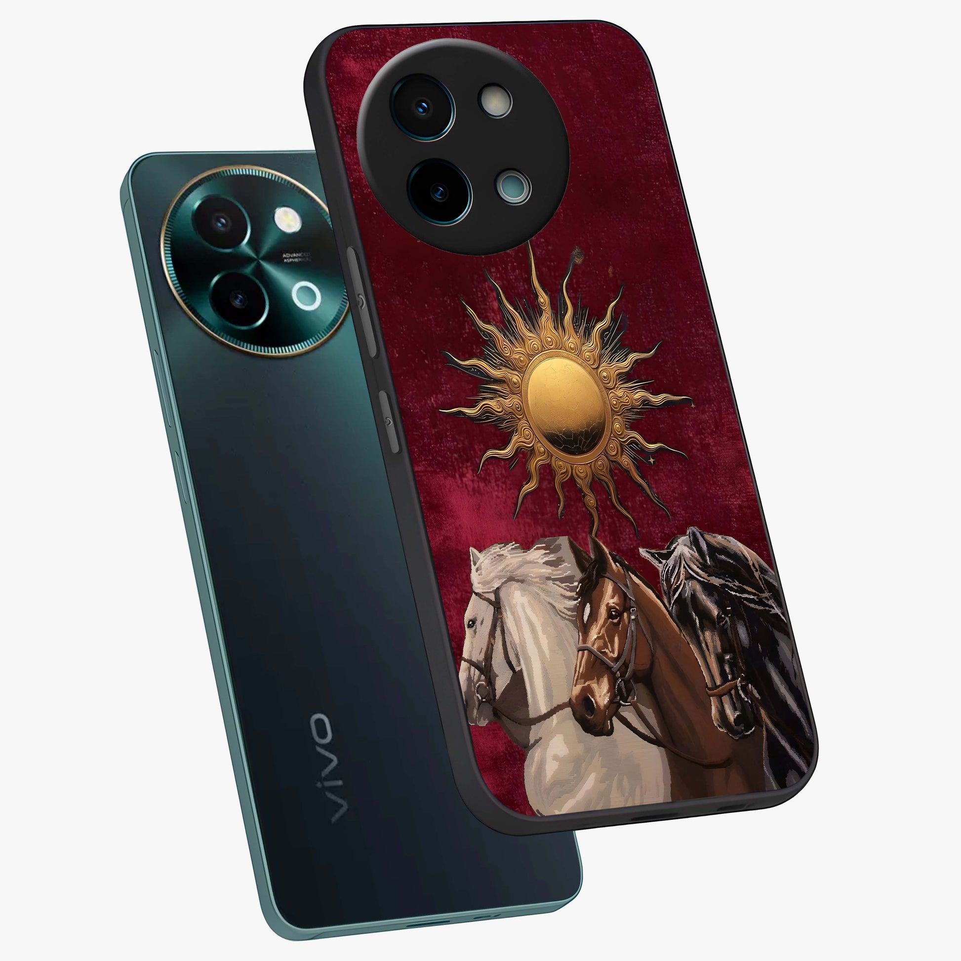 Solar Riders Glass Case displayed in angled mockup highlighting powerful rider illustration with radiant solar aesthetic.