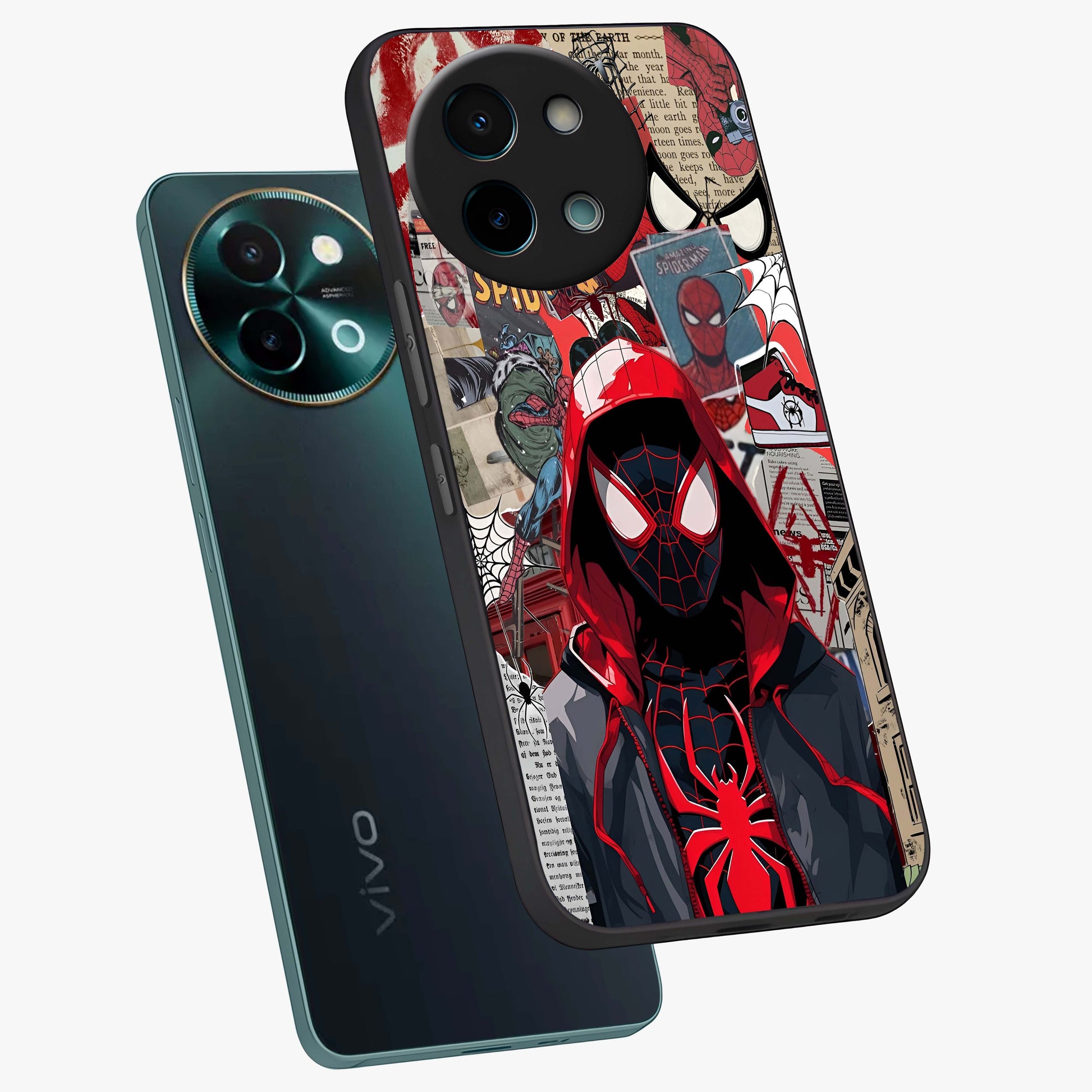 Spider Collage Street Glass Case displayed in angled mockup highlighting dynamic street style collage design with comic aesthetic.