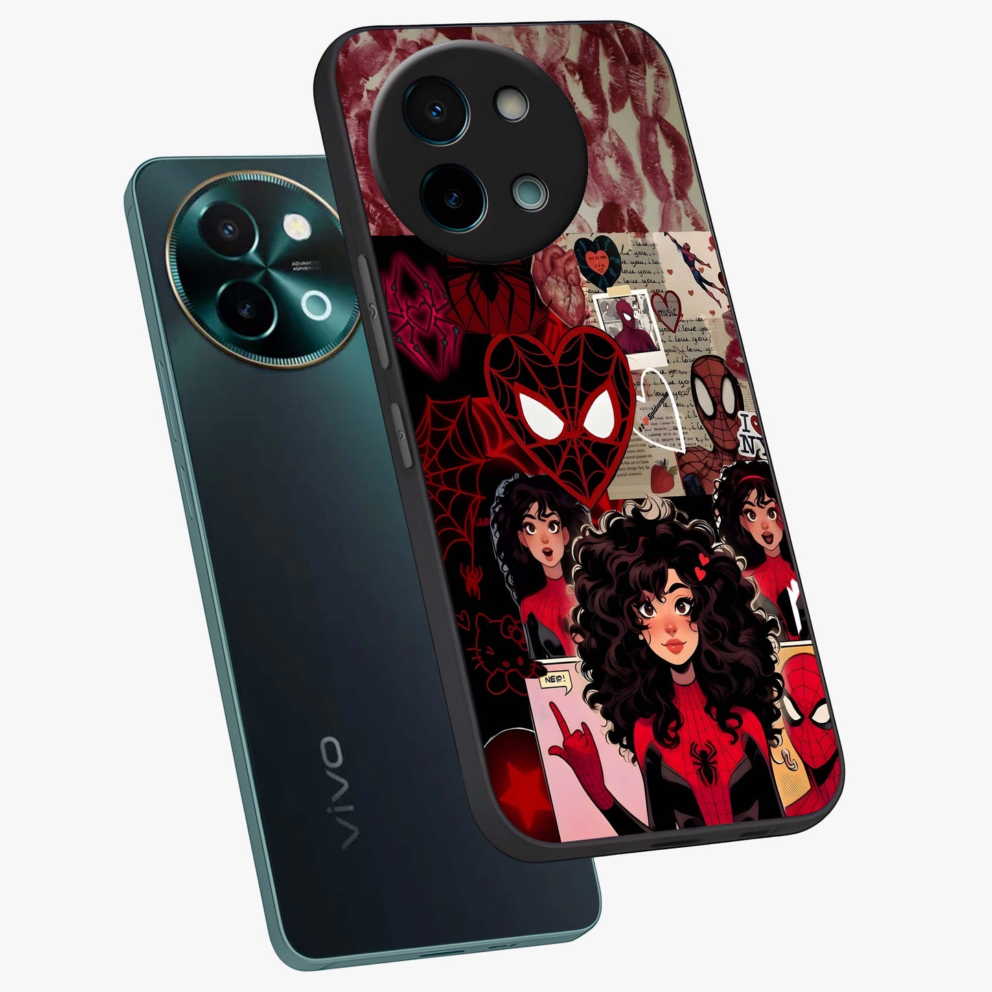 Spider Love Story Glass Case displayed in angled mockup highlighting expressive comic inspired design with playful aesthetic.